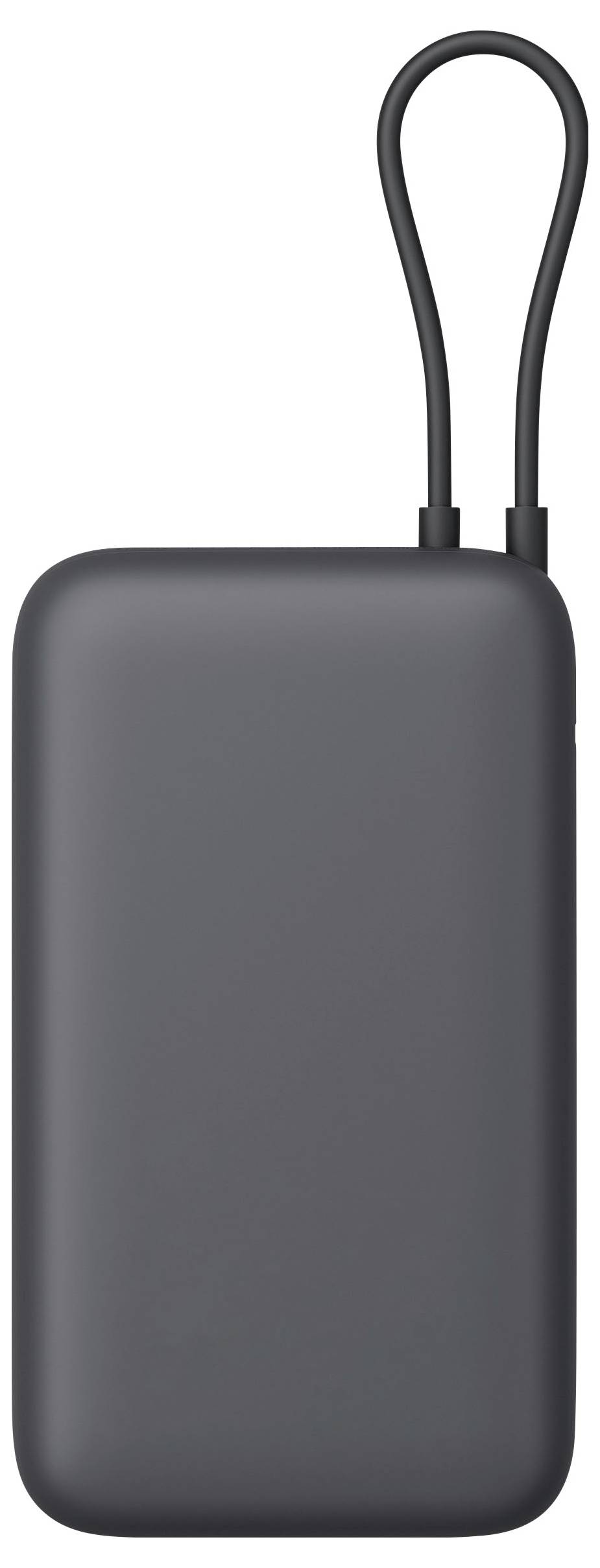 Graue rechteckige tragbare Powerbank mit schwarzem Schleifenkabel, das oben befestigt ist.