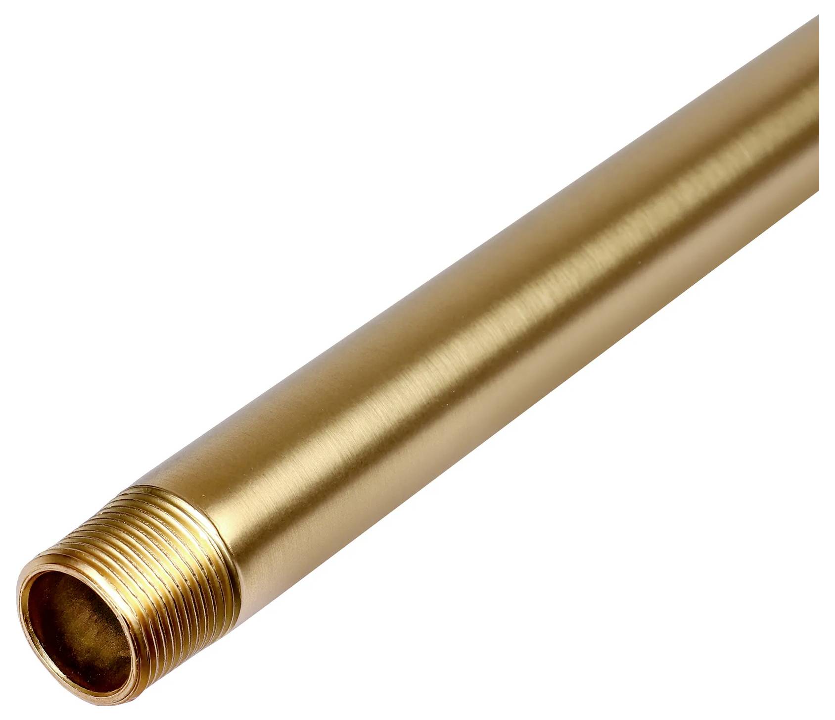 Goldfarben glänzendes Metallrohr mit Gewinde am Ende, diagonal auf weißem Hintergrund dargestellt.