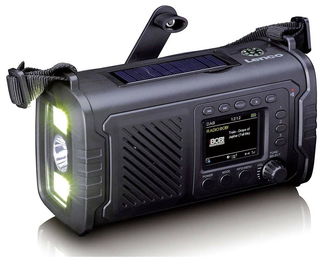 Lenco PDR-055BK Akku-Radio DAB+, FM Bluetooth®, DAB+, Notfallradio, UKW, USB Handkurbel, Taschenlampe, Weckfunktion, wiederaufladbar Schwarz