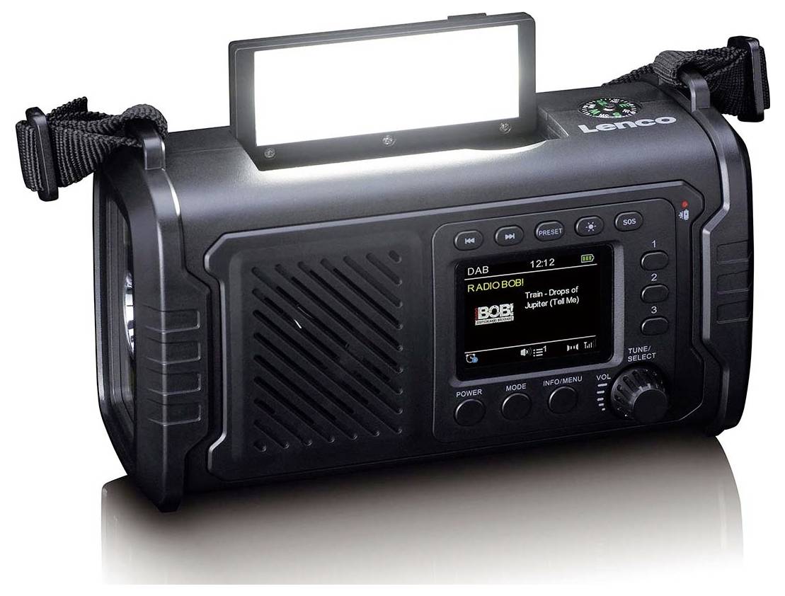 Lenco PDR-055BK Akku-Radio DAB+, FM Bluetooth®, DAB+, Notfallradio, UKW, USB Handkurbel, Taschenlampe, Weckfunktion, wiederaufladbar Schwarz