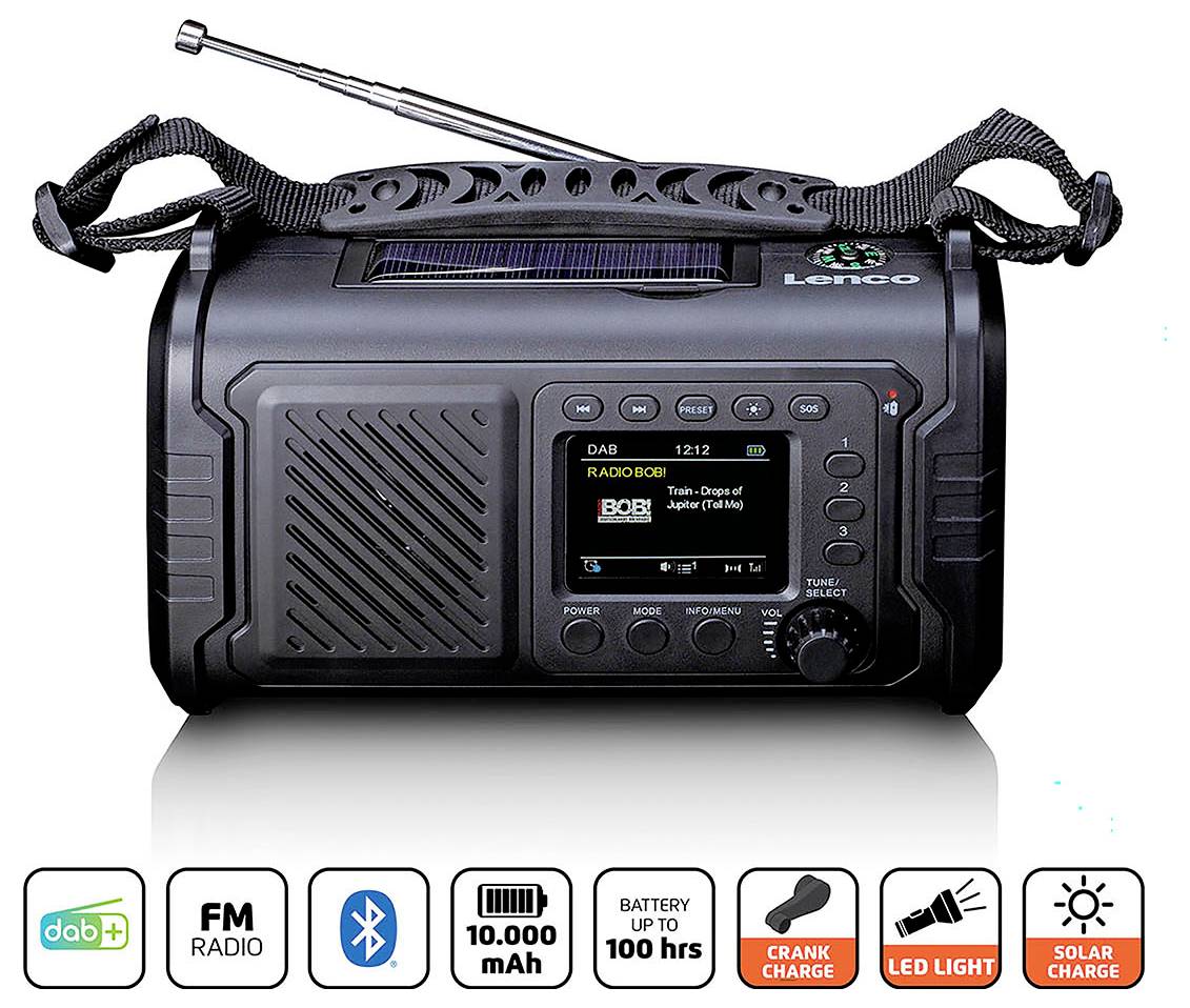 Lenco PDR-055BK Akku-Radio DAB+, FM Bluetooth®, DAB+, Notfallradio, UKW, USB Handkurbel, Taschenlampe, Weckfunktion, wiederaufladbar Schwarz