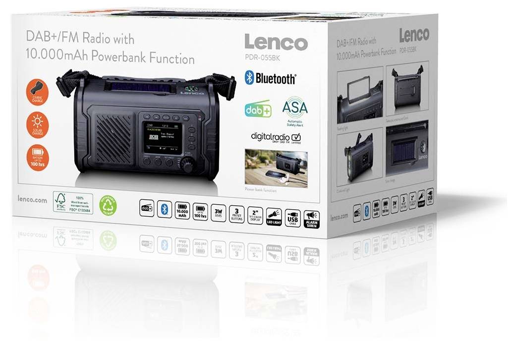 Lenco PDR-055BK Akku-Radio DAB+, FM Bluetooth®, DAB+, Notfallradio, UKW, USB Handkurbel, Taschenlampe, Weckfunktion, wiederaufladbar Schwarz