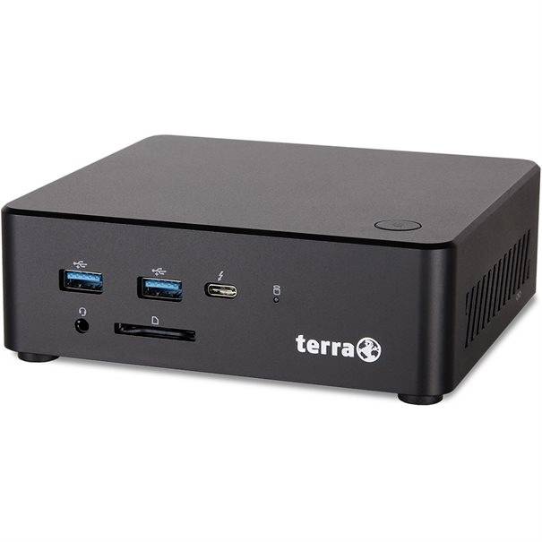 Kompakter schwarzer Terra Mini-PC mit USB-Anschlüssen an der Vorderseite, Kopfhörerbuchse, Kartensteckplatz und Netztaste auf weißem Hintergrund.