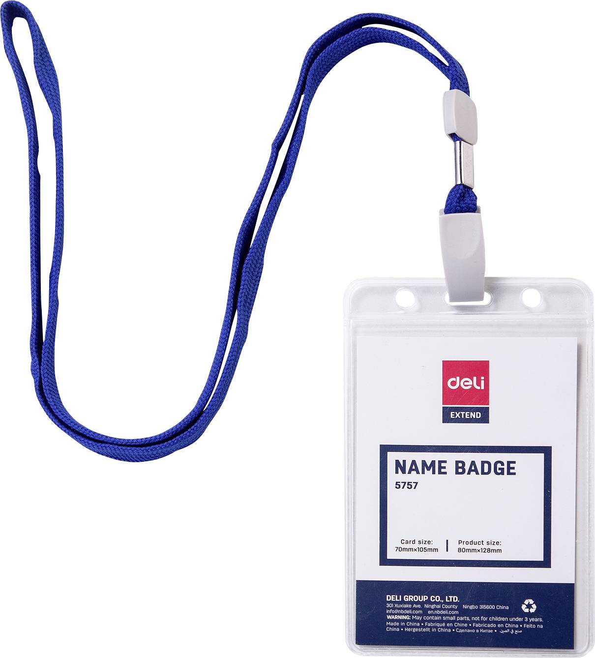 Blaues Halteband mit durchsichtigem Kunststoff-Ausweishalter mit der Aufschrift „NAME BADGE