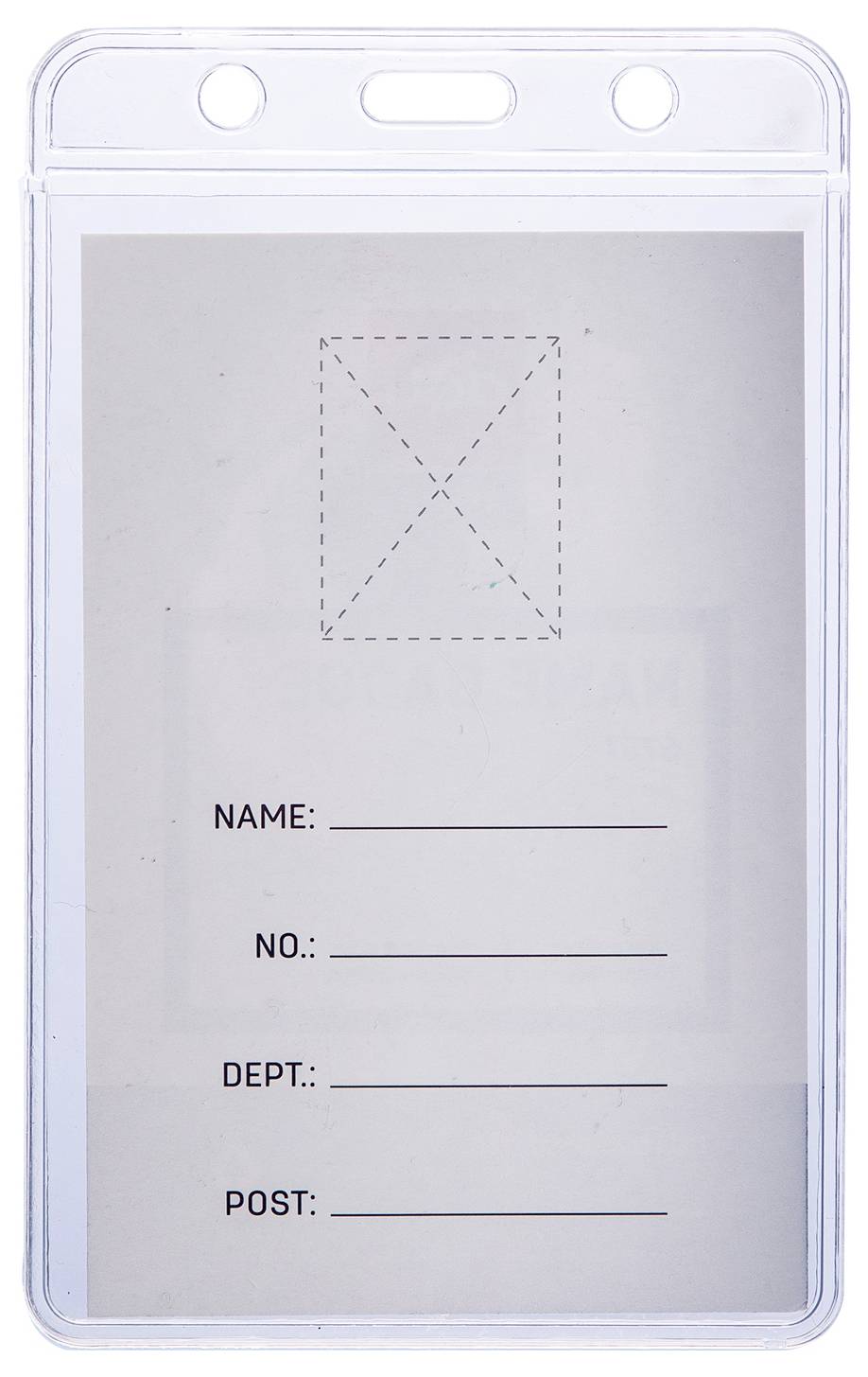 Leerer Kunststoff-Ausweishalter mit einem Fotoplatzhalter und beschrifteten Feldern für NAME, NR., ABT. und POSITION.