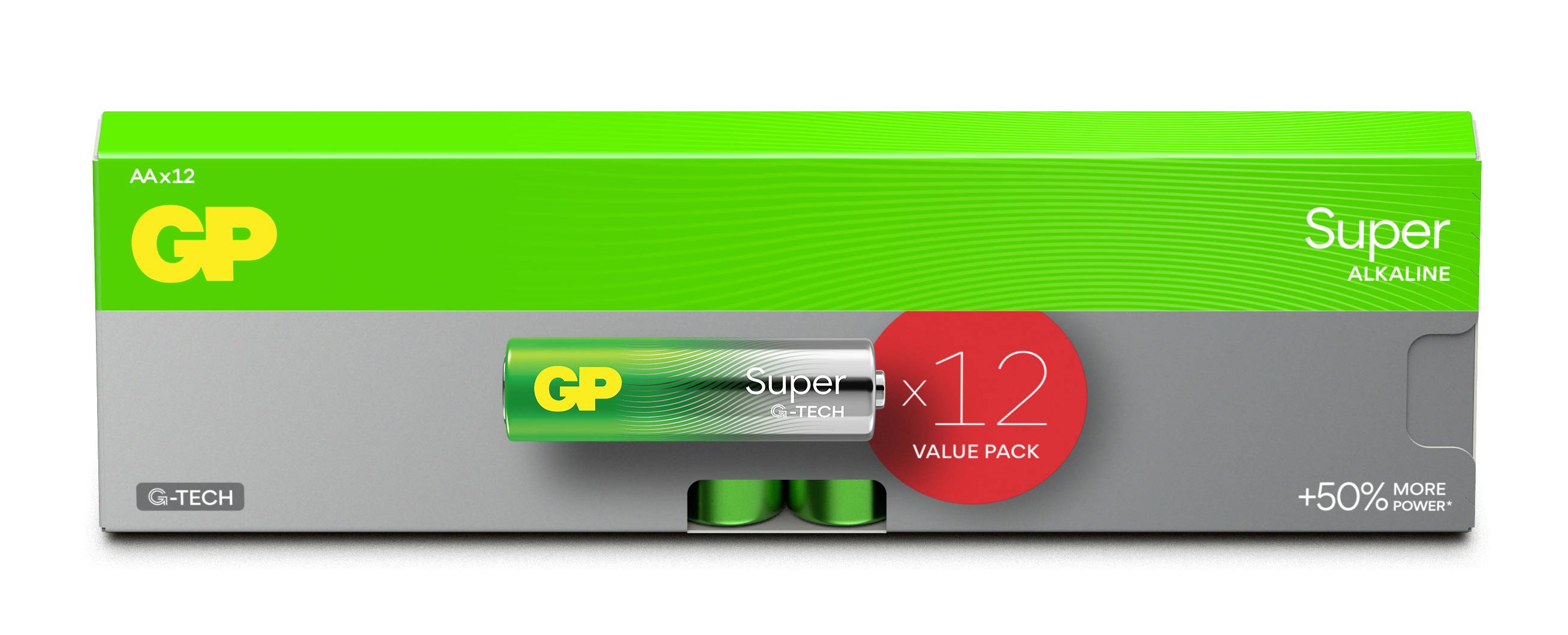 GP Super Alkaline-Batterien, 12er-Pack mit grüner und silberner Verpackung, mit der Beschriftung „Super