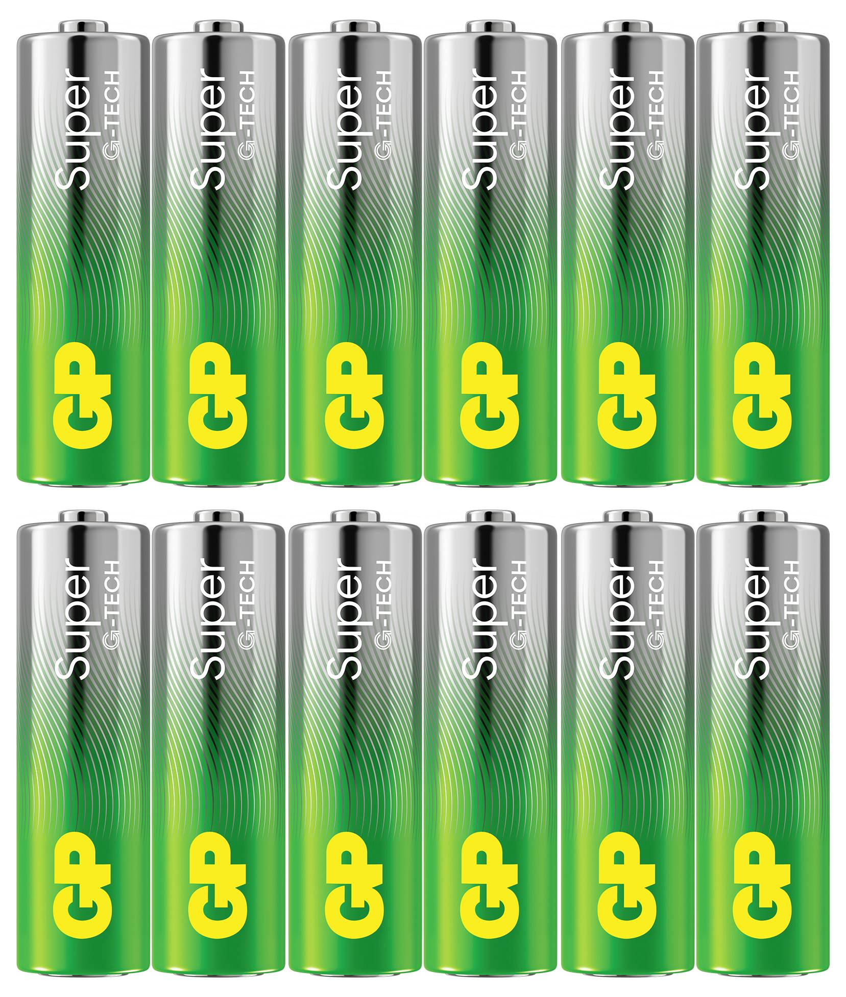 Zwölf grün-silberne Super Tech C-Batterien, angeordnet in zwei Reihen, zeigt die Produktverpackung.