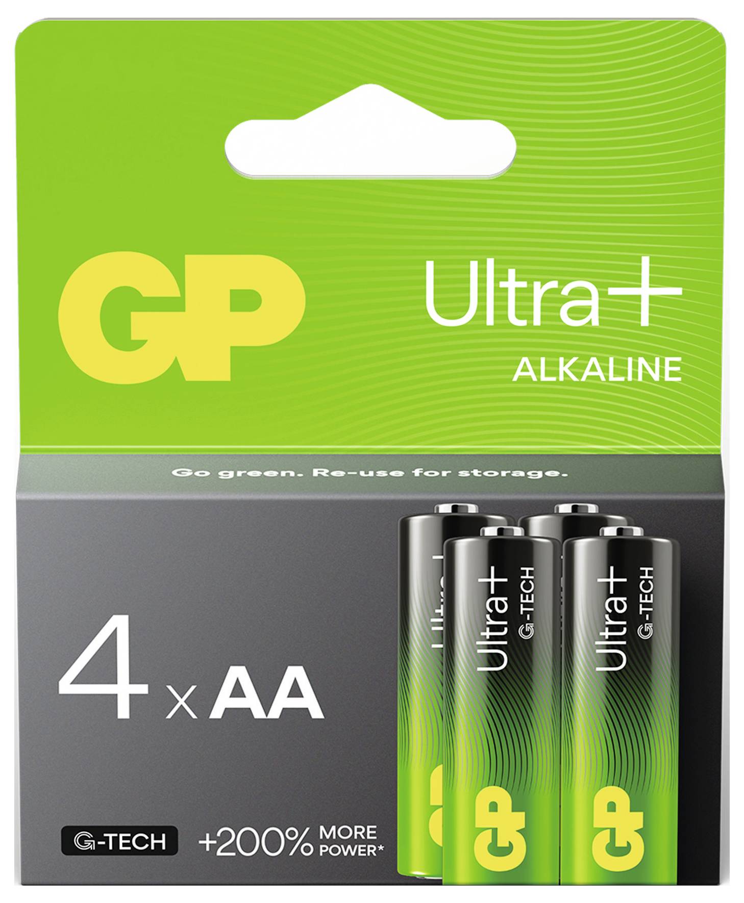 Verpackung für GP Ultra+ Alkaline-Batterien mit 4 x AA-Batterien und dem Text „+200% mehr Leistung