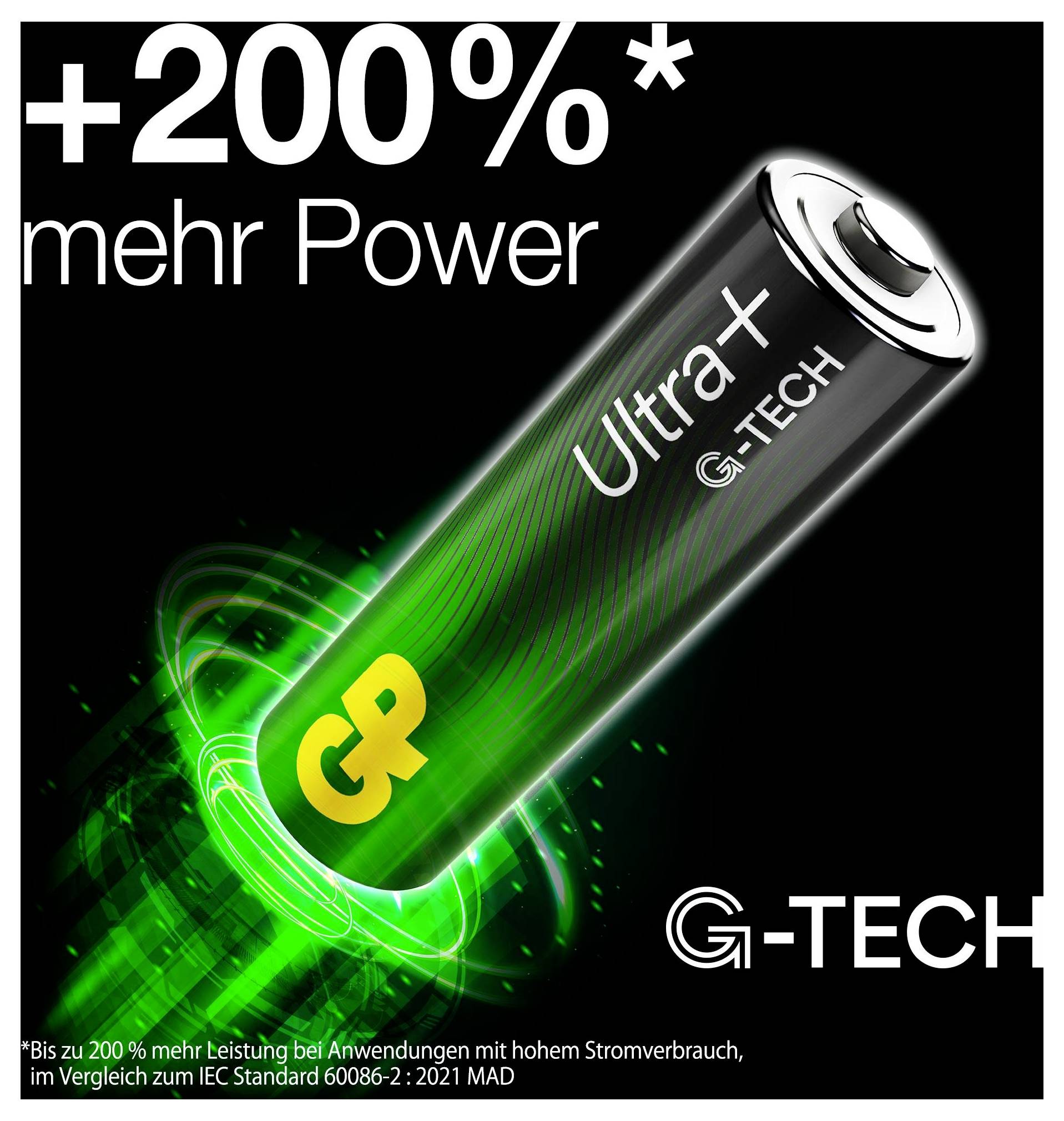 Werbebild einer G-TECH Ultra+ Batterie mit leuchtender grüner Energie, beschriftet mit „+200% mehr Power