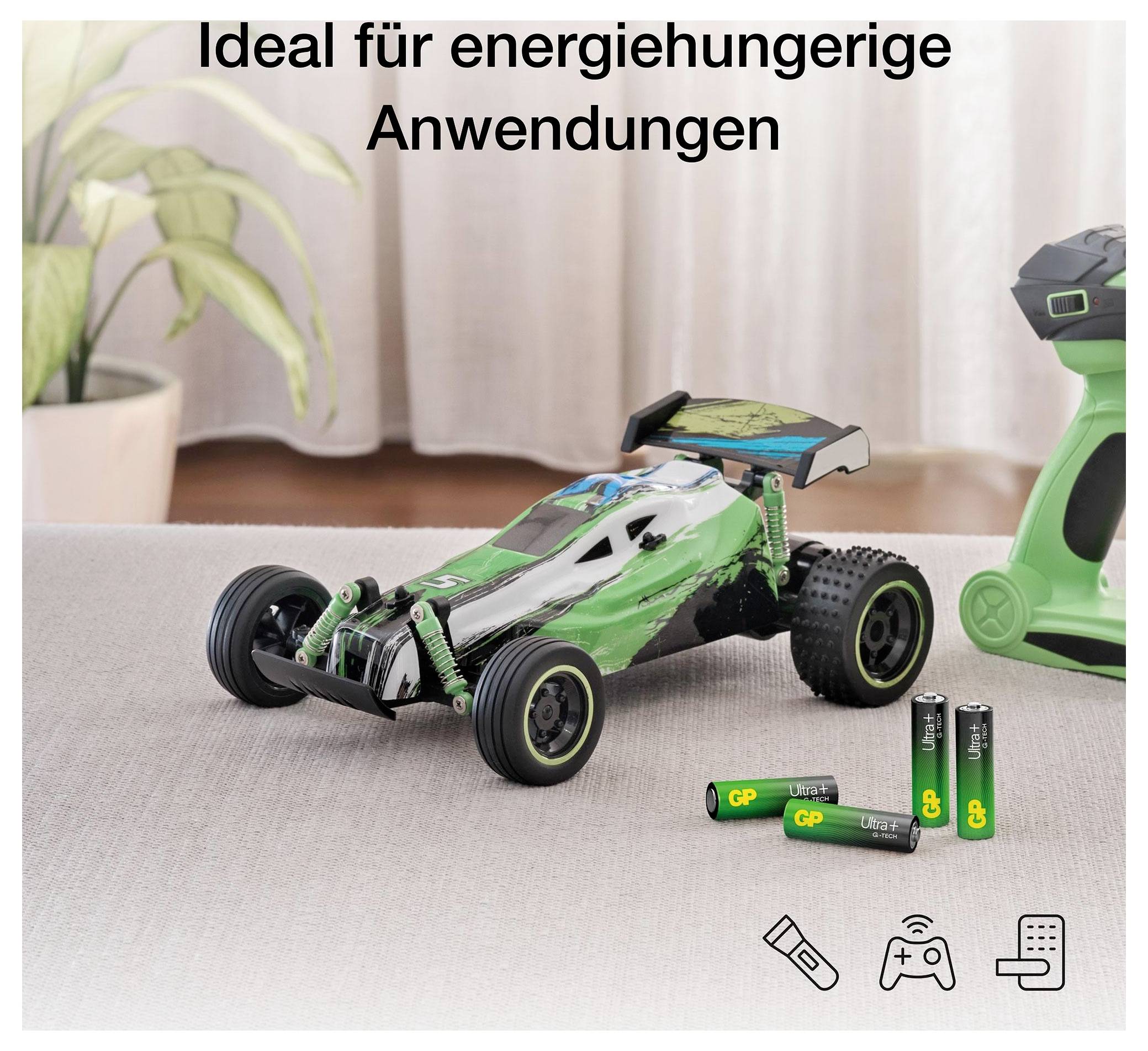 Grünes ferngesteuertes Rennfahrzeug mit wiederaufladbaren Batterien und Fernbedienung, gekennzeichnet mit „Ideal für energiehungrige Anwendungen