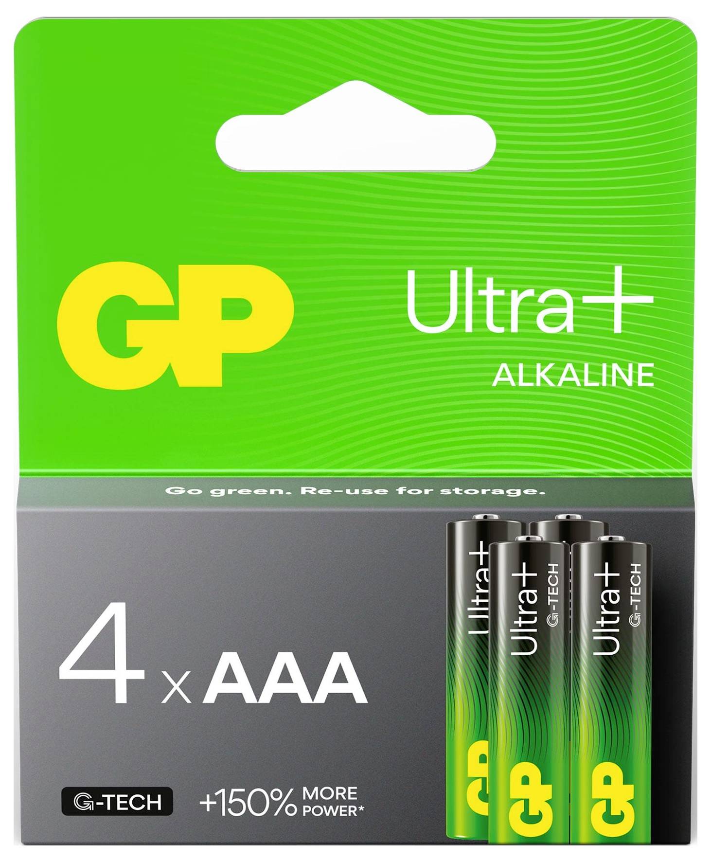 GP Ultra+ Alkaline 4er-Pack AAA-Batterien in grüner Verpackung, beschriftet mit „4 x AAA