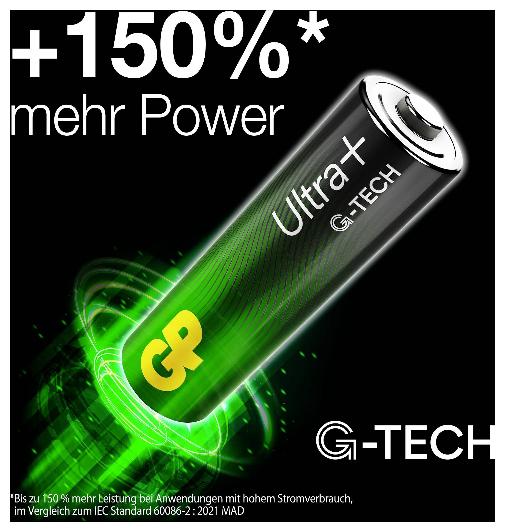 Anzeige für G-TECH Ultra+ Batterie mit der Aussage „+150% mehr Power
