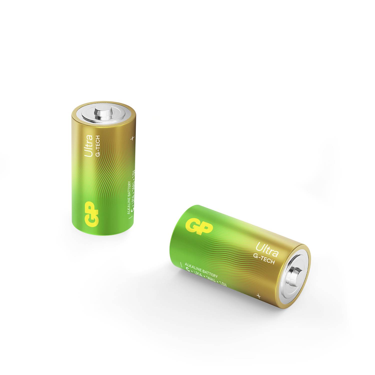 Zwei GP Ultra G-TECH Batterien auf weißem Hintergrund, eine aufrecht stehend und eine auf der Seite liegend.
