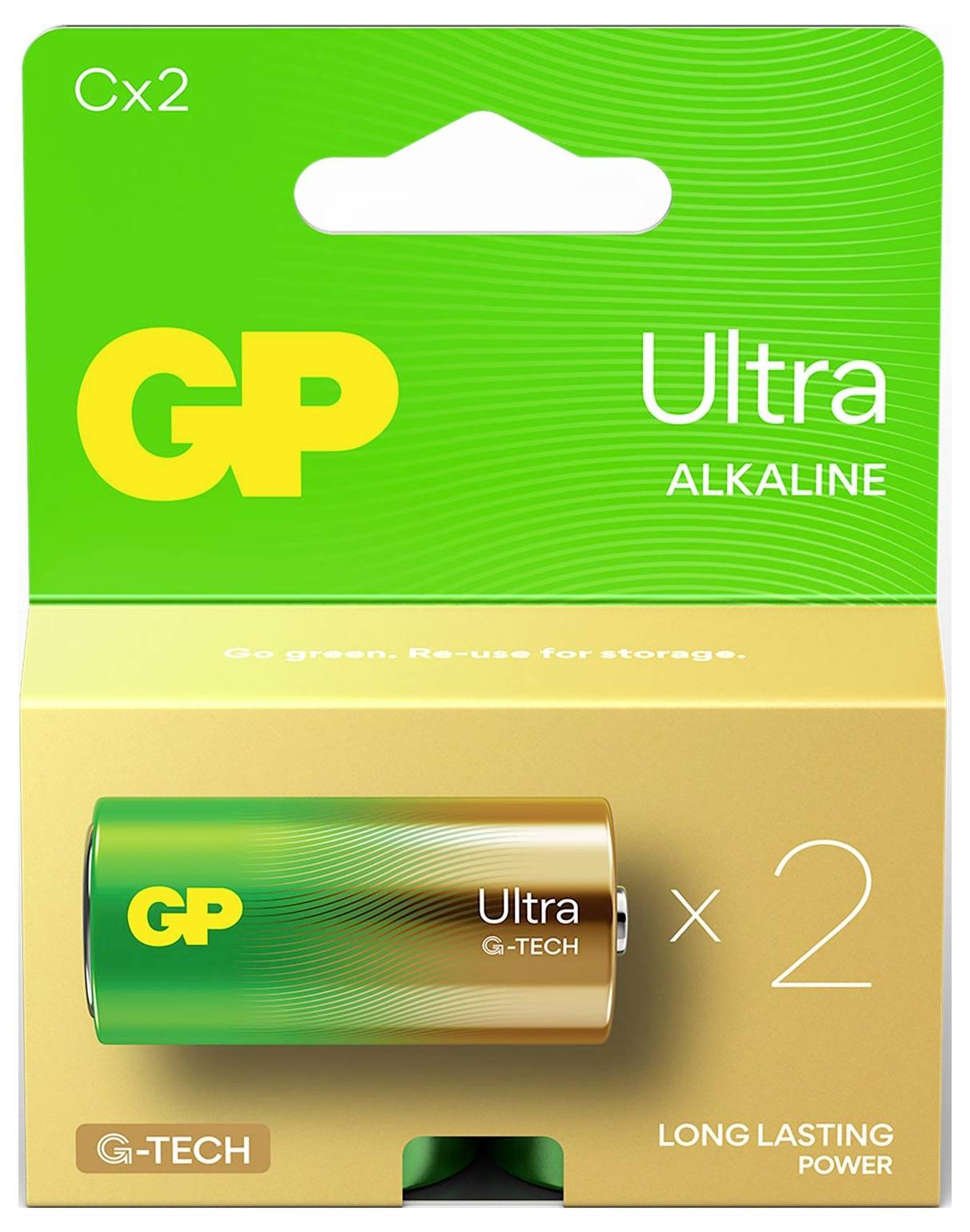 GP Ultra Alkaline Cx2 Batteriepackung mit zwei GP Ultra G-TECH Batterien und der Aufschrift 