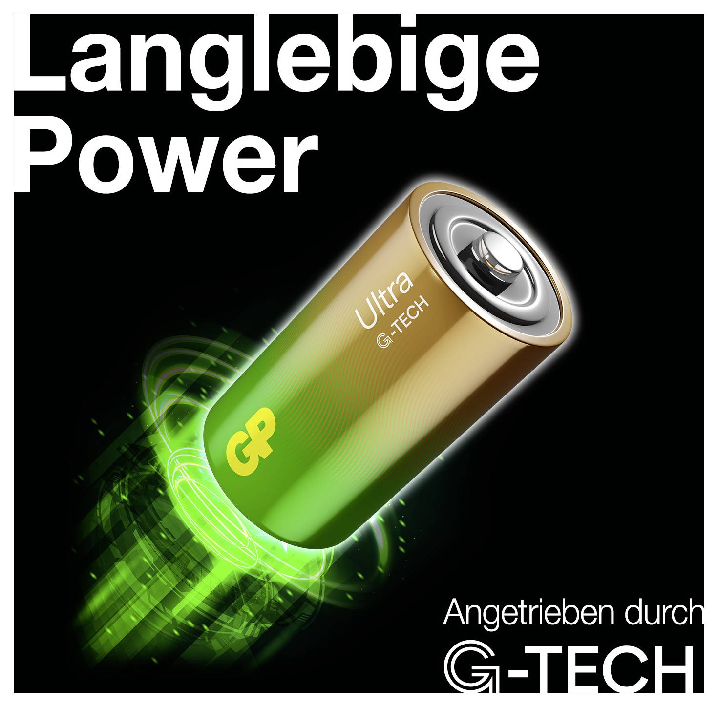 Anzeige für eine G-Tech-Batterie mit einer leuchtenden goldfarbenen AA-Batterie mit der Aufschrift „Ultra G-TECH