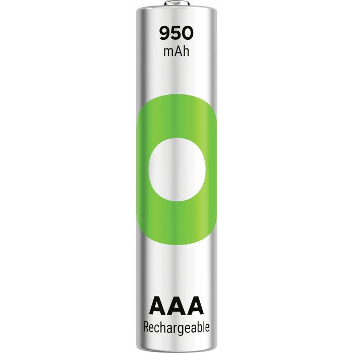 AAA-Akku mit 950 mAh Kapazität und grünem Kreislogo auf weißem Hintergrund.