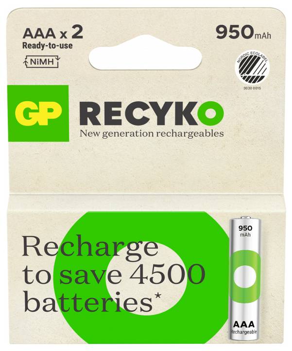 GP ReCyko AAA wiederaufladbare Batterieset, 2 einsatzbereite NiMH-Batterien, 950 mAh, mit dem Slogan „Aufladen spart 4500 Batterien