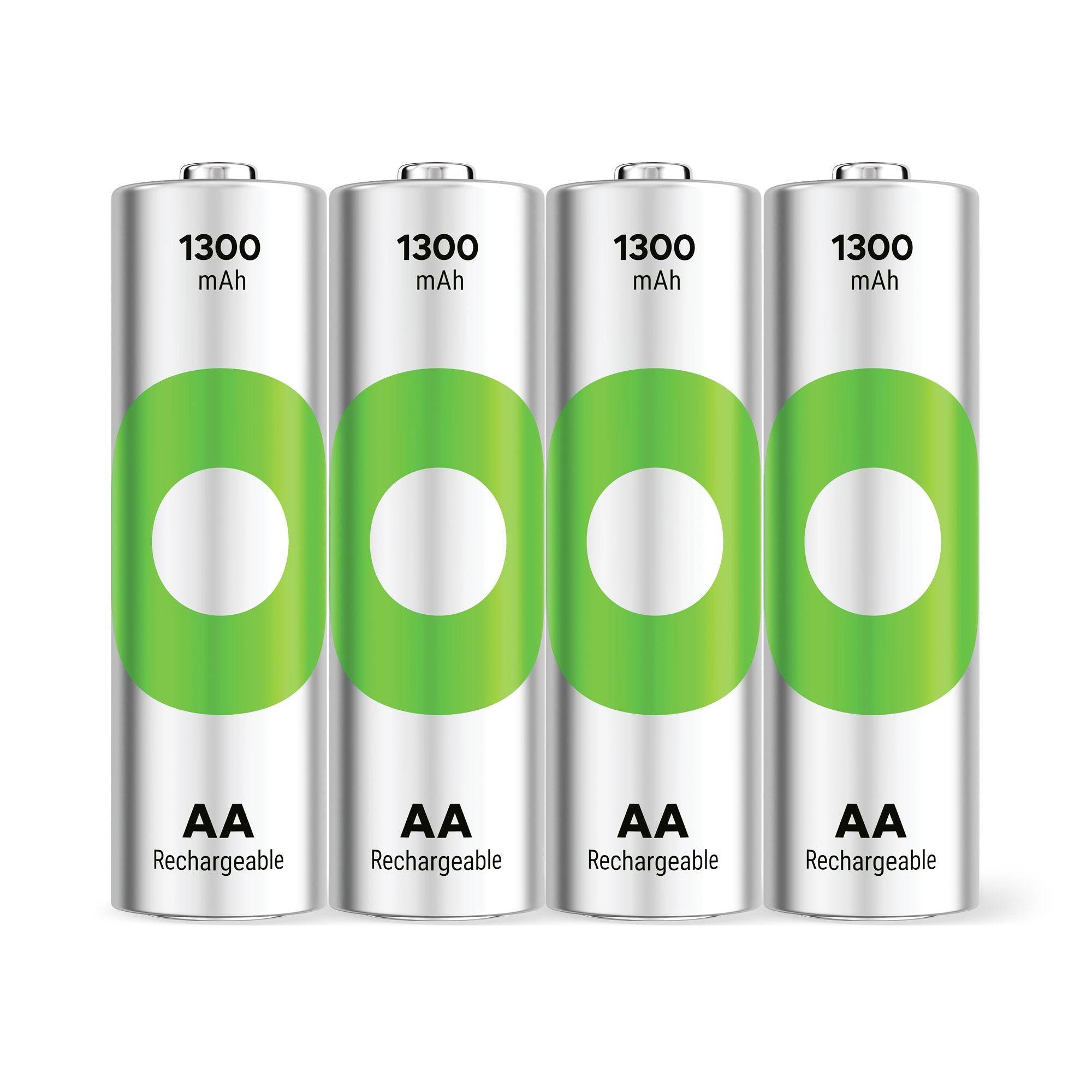 Vier AA-Wiederaufladbare Batterien mit der Bezeichnung „1300 mAh
