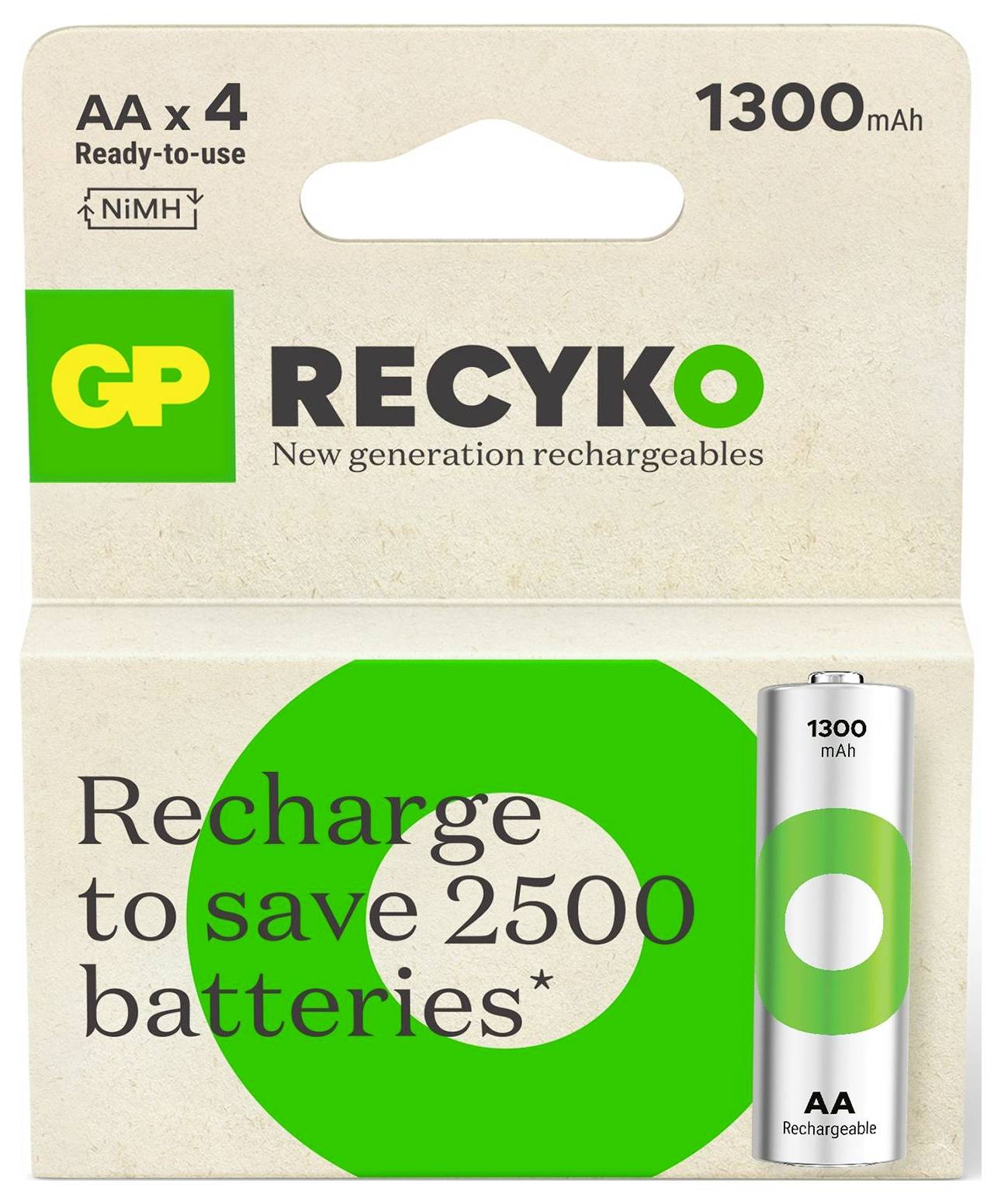 Paket mit 4 wiederaufladbaren GP Recyko AA NiMH-Batterien, 1300 mAh, mit grün-weißer Batteriepackung und der Aufschrift „Aufladen spart 2500 Batterien