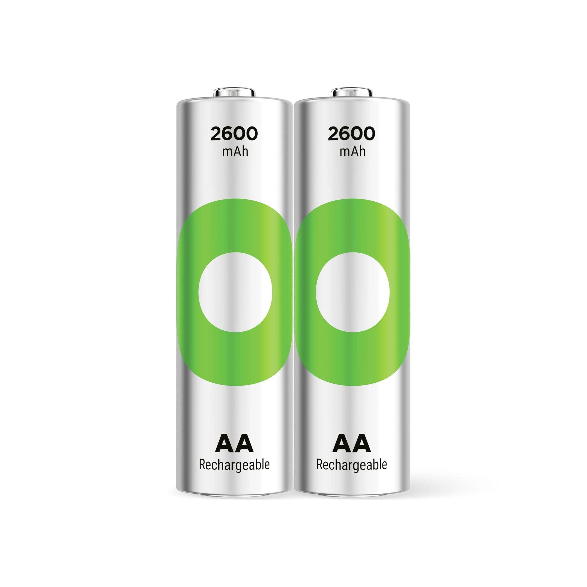 Zwei AA-Wiederaufladbare Batterien mit der Bezeichnung „2600 mAh