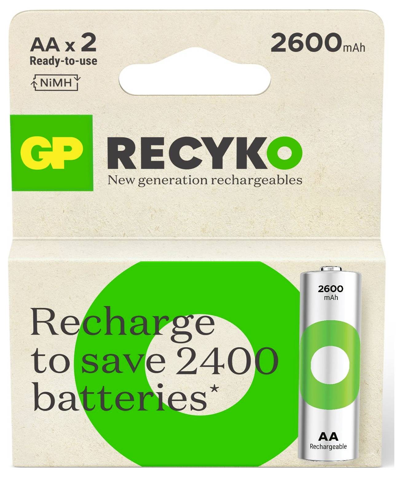 GP Recyko AA Akku-Batterienpack, 2 einsatzbereite NiMH-Batterien, 2600 mAh, mit dem Text „Aufladen spart 2400 Batterien