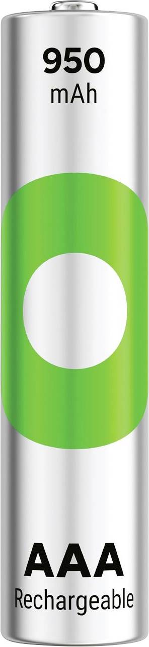 AAA-Akku mit einer Kapazität von 950 mAh, aufrecht dargestellt mit grünem und weißem Design.