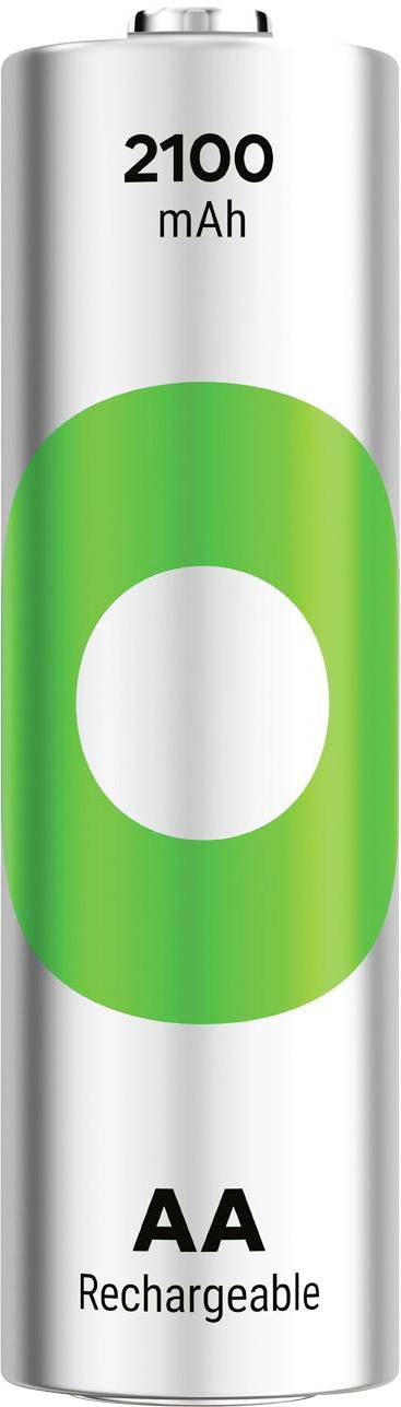 AA-Akku mit Bezeichnung 2100 mAh, dargestellt als silberne Zelle mit grünem Ringdesign.