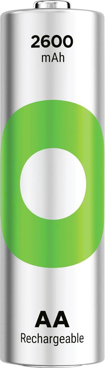 AA-Akku mit einer Kapazität von 2600 mAh und einem grünen Stromsymbol auf der Vorderseite.