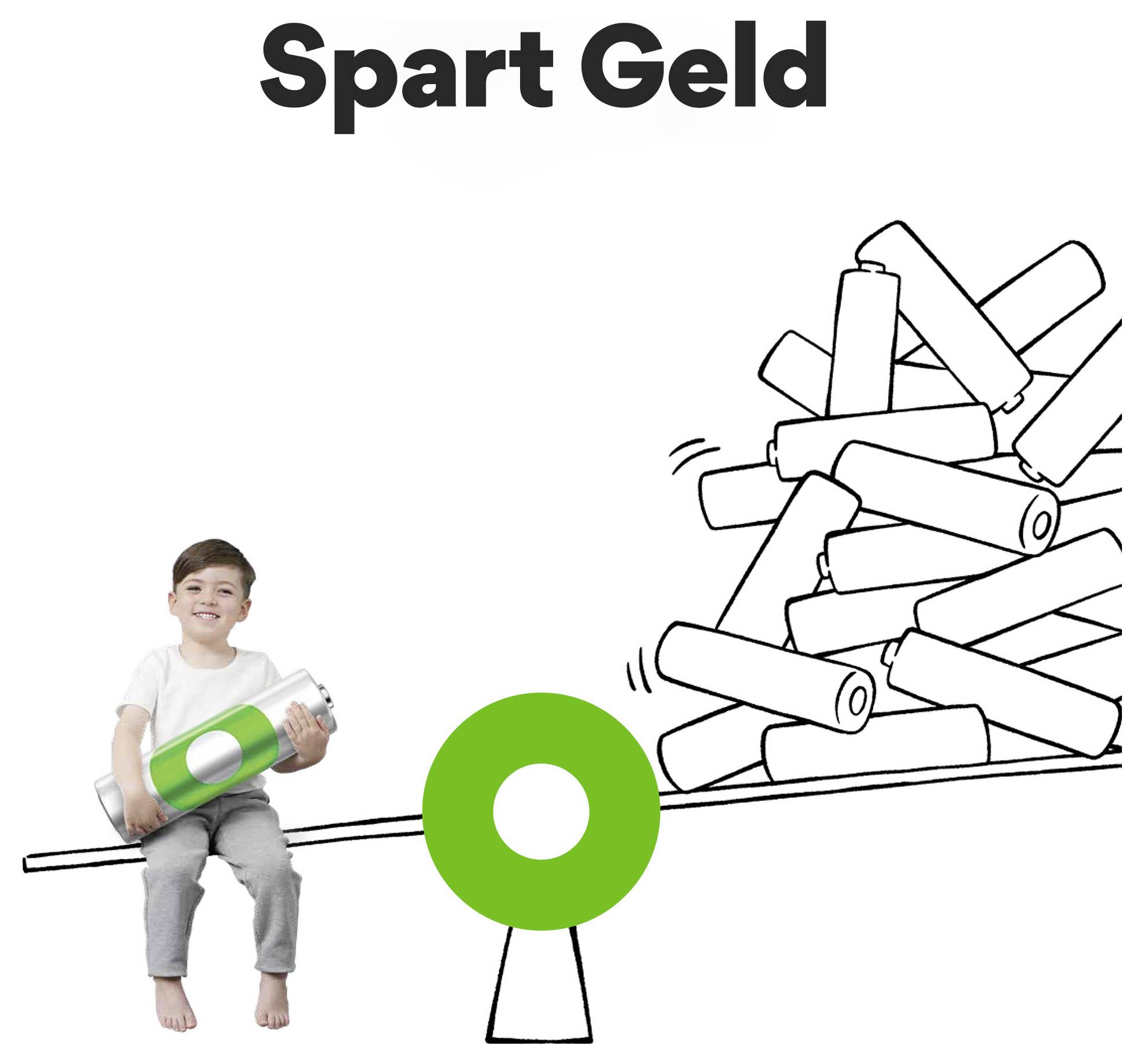 Kind sitzt auf einer Sparwippe mit Geldscheingrafik; links leichtes Gewicht, rechts großer Stapel leerer Rollen. Überschrift: 'Spart Geld'