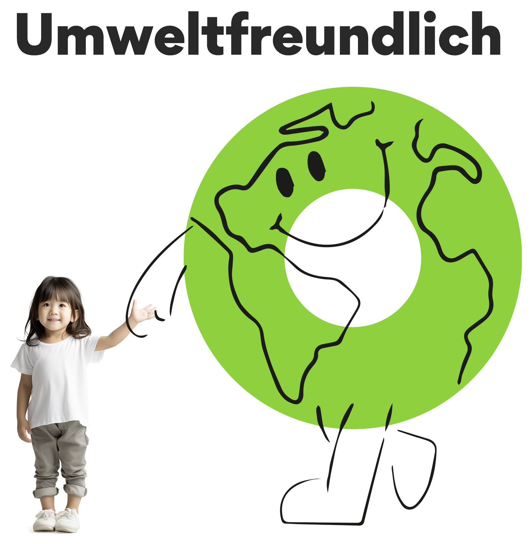 Kinderfigur neben grünem Erd-Symbol mit dem Wort 'Umweltfreundlich', das Nachhaltigkeit und Umweltschutz vermittelt.