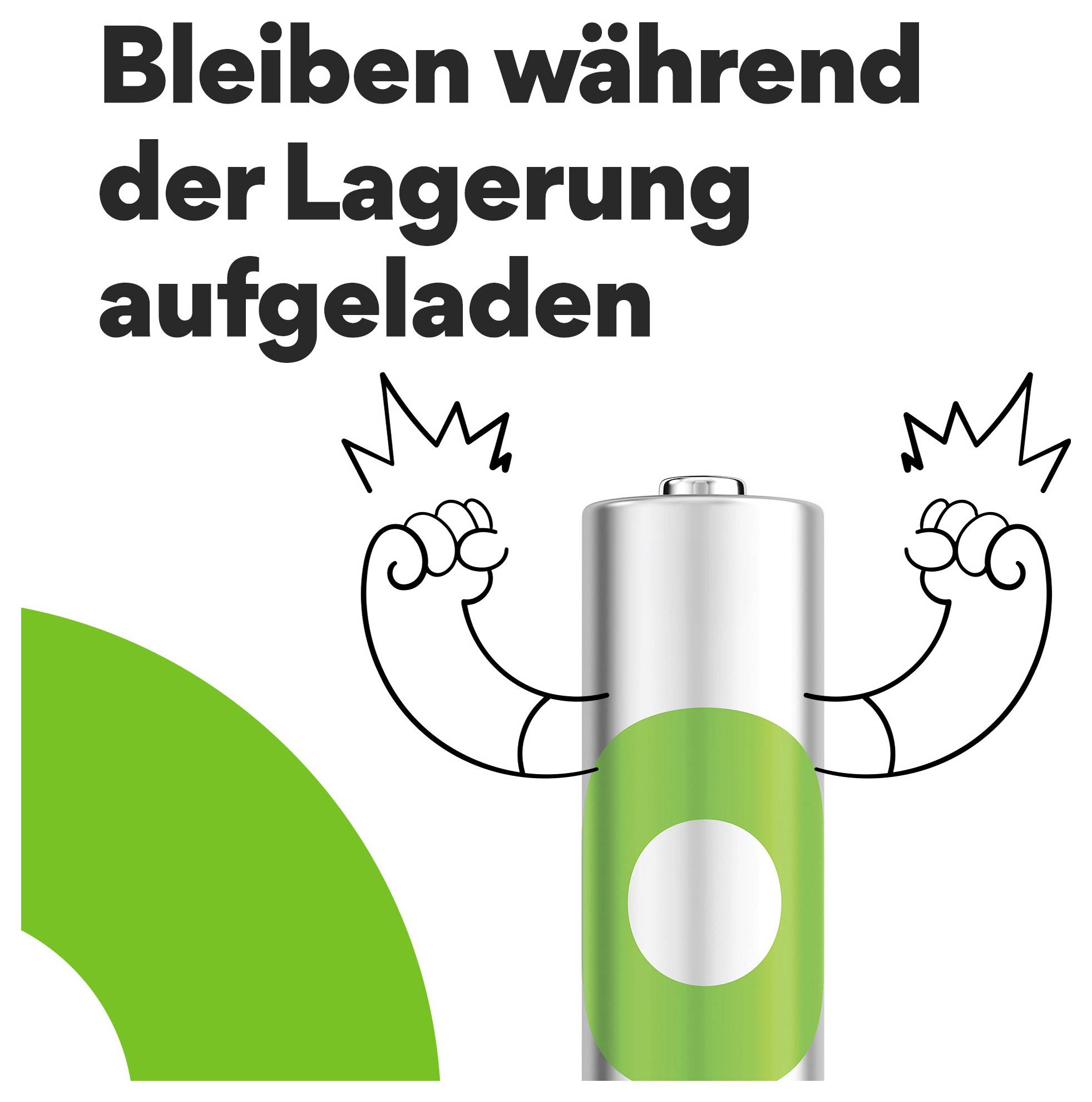 Werbegrafik mit der Aufschrift 'Bleiben während der Lagerung aufgeladen' und einer starken Batterie mit erhobenen Armen, die lange Lagerung symbolisiert.