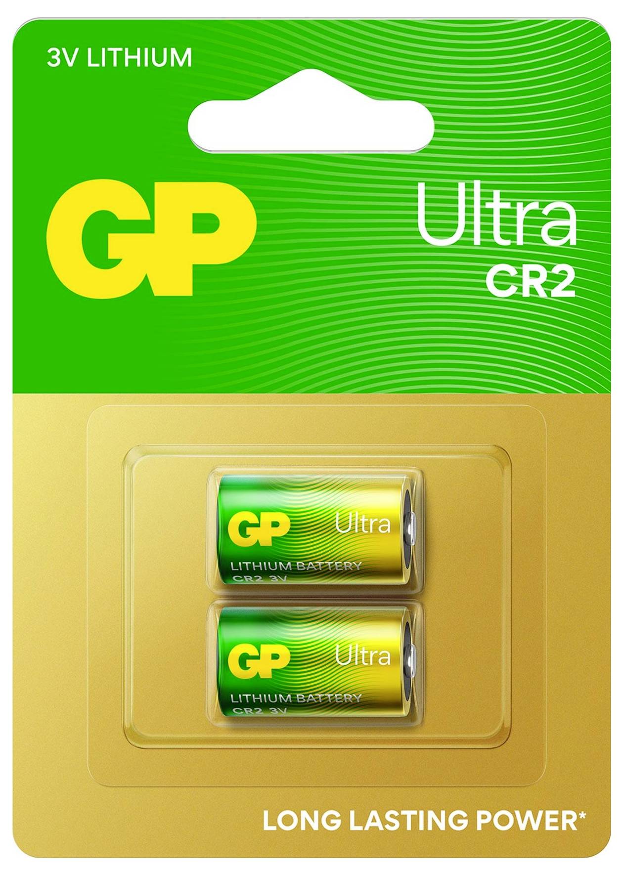 Paket mit zwei GP Ultra CR2 3V Lithium-Batterien, gekennzeichnet mit „LANG ANHALTENDE LEISTUNG".