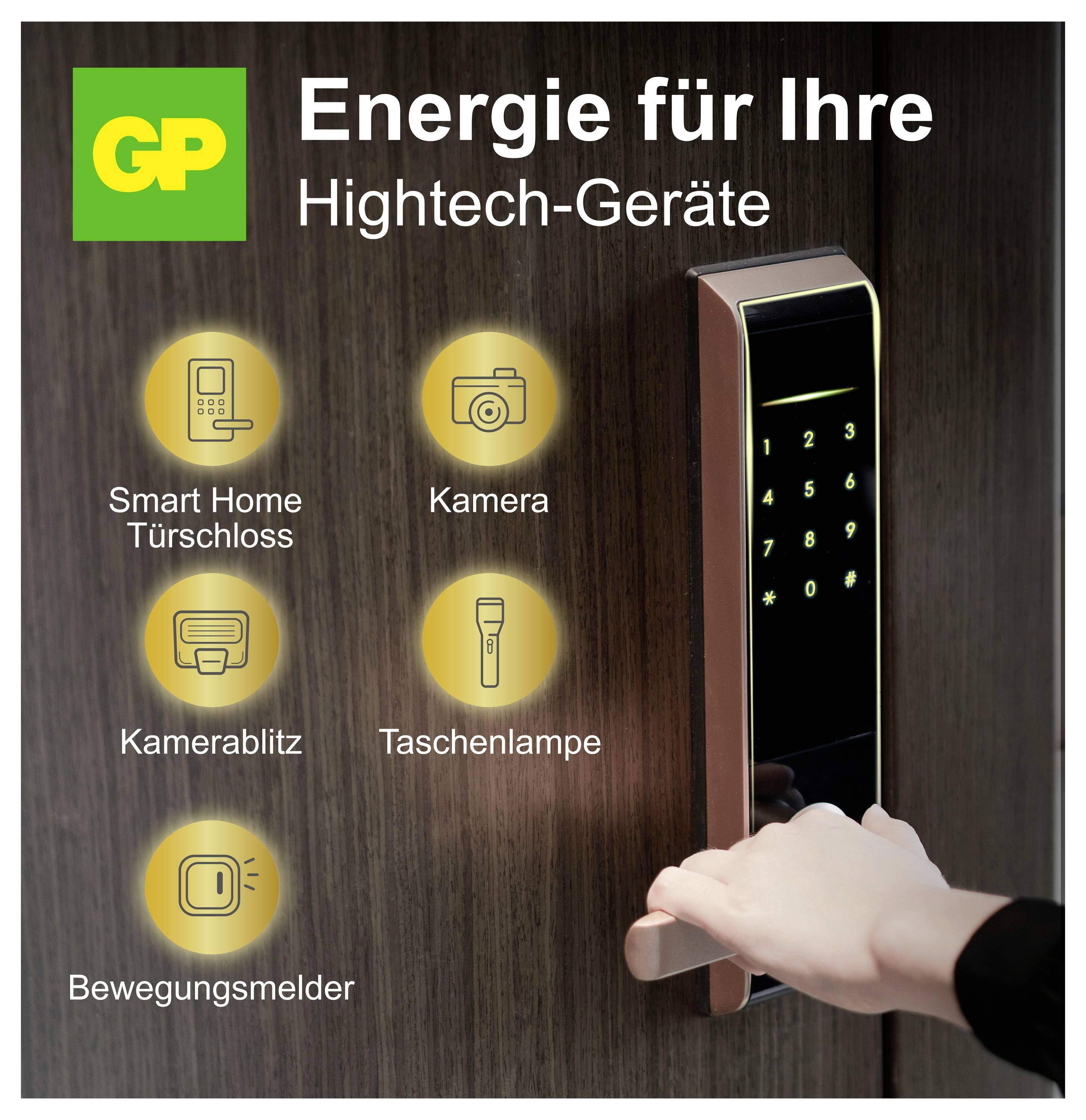 Werbeanzeige für GP-Batterien: 'Energie für Ihre Hightech-Geräte' mit Smart-Home-Türschloss, Kamera, Kamerablitz, Taschenlampe und Bewegungsmelder.