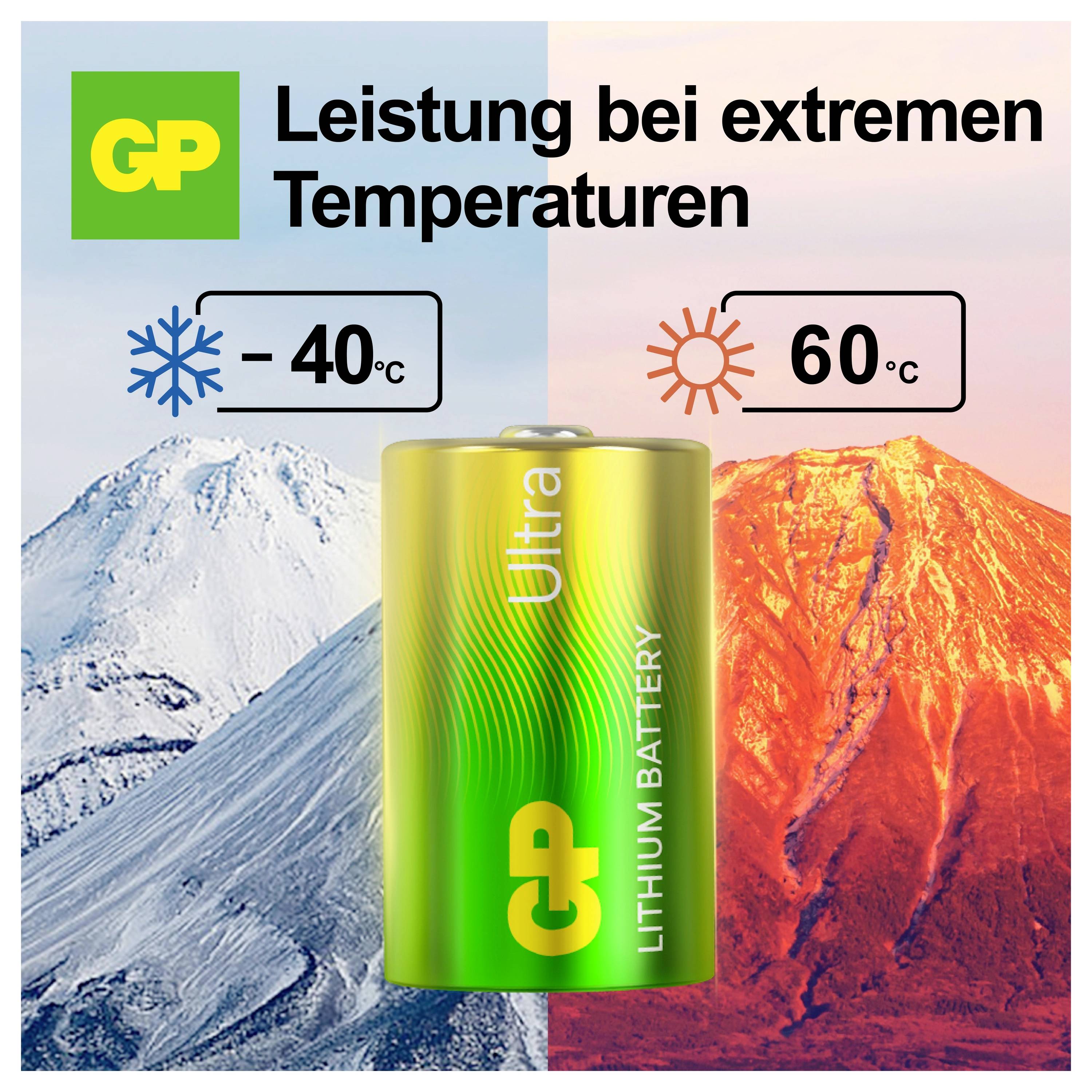 Werbegrafik für eine GP Ultra Lithium-Batterie: 'Leistung bei extremen Temperaturen' mit Einsatzbereich von -40 °C bis 60 °C, vor Eis- und Lavaberg-Hintergrund.