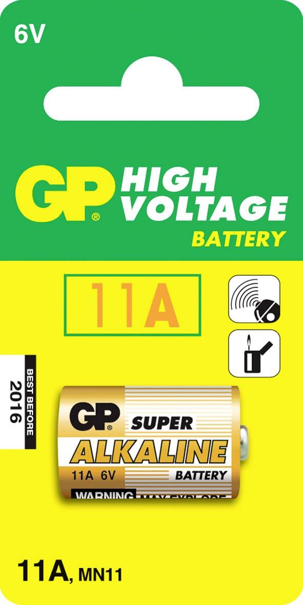 GP 6V Hochspannungs-Batteriepaket für 11A, MN11; zeigt eine Super-Alkaline-Batterie und Kompatibilitätsetikett „BEST BEFORE 2016