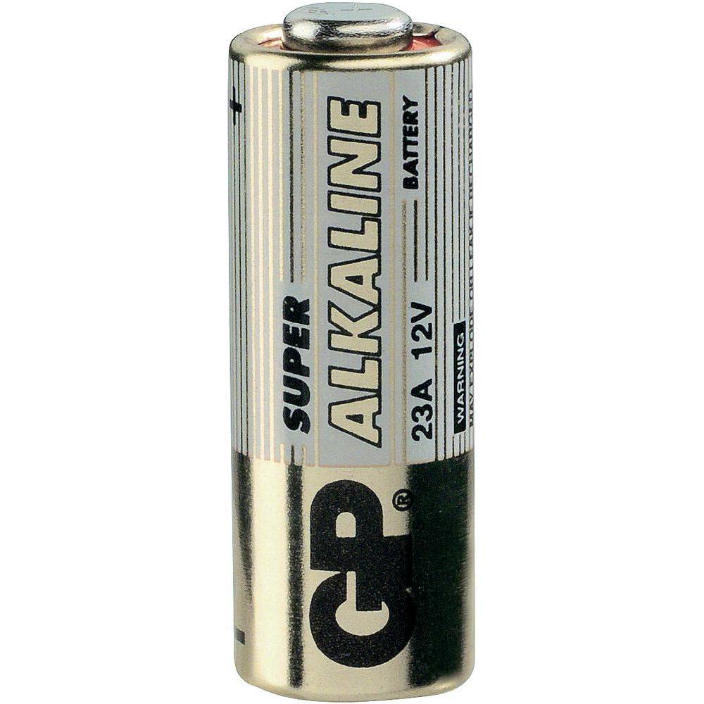 Eine einzelne GP Super Alkaline 23A 12V-Batterie aufrecht auf weißem Hintergrund stehend.
