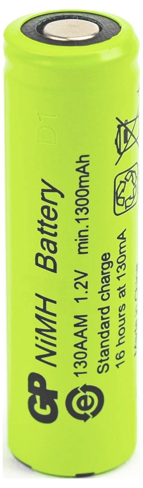Grüne GP NiMH Wiederaufladbare Batterie mit Bezeichnung 1300AM 1,2V, min. 1300mAh, Standardladung, 16 Stunden bei 130mA.