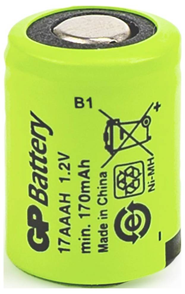 Green GP Batterie 1,2V AAAH 170mAh wiederaufladbare Ni-MH-Batterie mit Polaritätsmarkierungen und Recycling-Symbol.