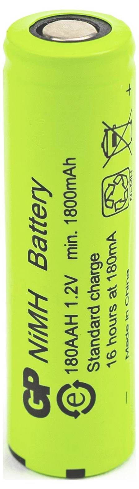 Grüne GP NiMH AA Akku mit Bezeichnung 1,2V, 1800mAh, Standardladung 16 Stunden bei 180mA.