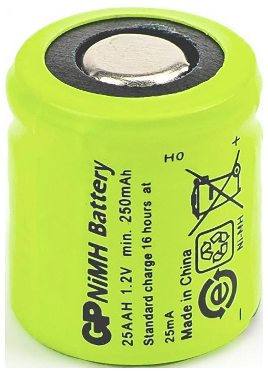 Grüne GP-NiMH-Akkuzelle mit der Bezeichnung „1,2V min. 250mAh" und „Made in China" auf weißem Hintergrund.