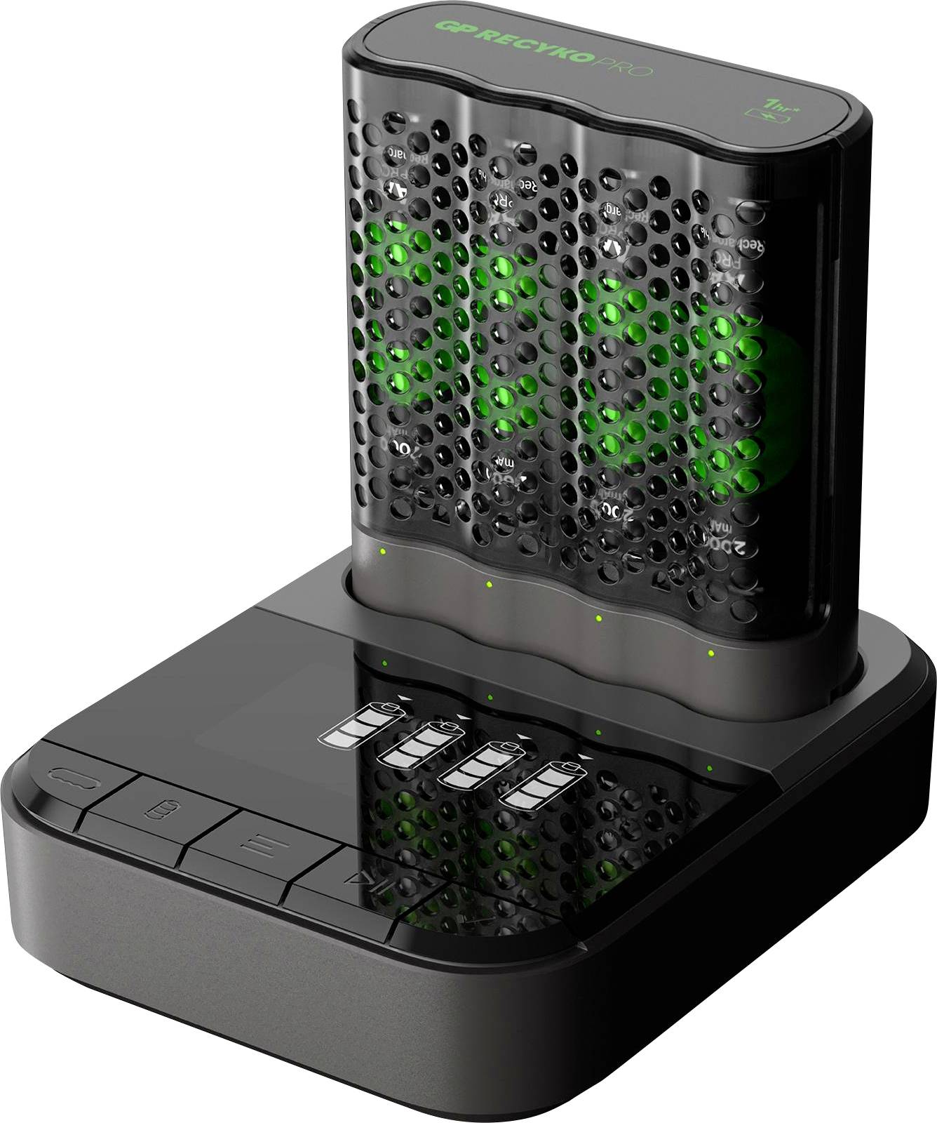 Schwarzes Desktop-Gerät mit perforierten aufrechtem Display, das grüne Leuchten anzeigt, sowie eine Basis mit vier USB-ähnlichen Anschlüssen und Touch-Tasten.