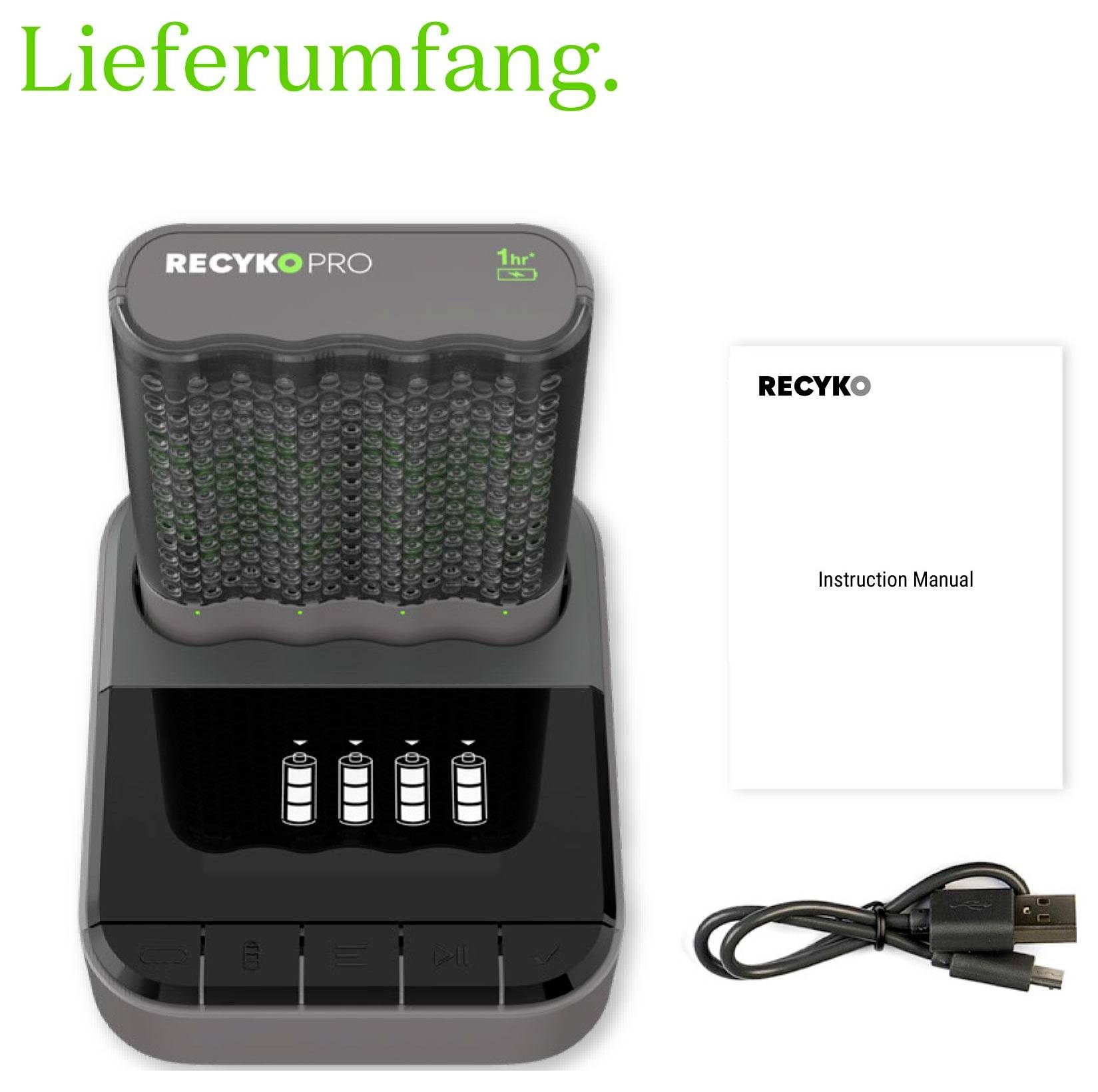 Produktbild eines RECYKO PRO Batterieladegeräts mit Bedienungsanleitung und USB-Kabel; Text lautet „Lieferumfang.