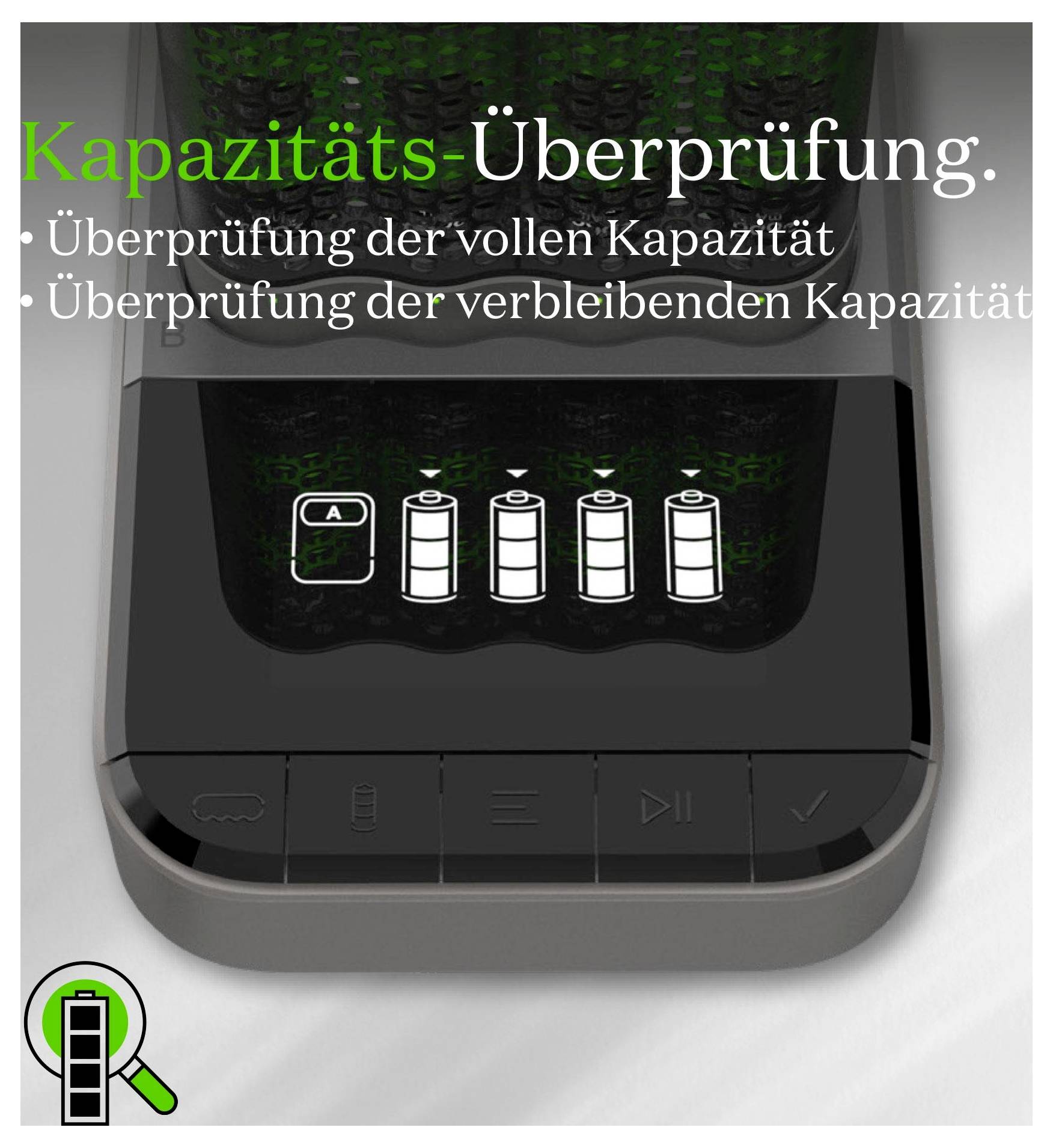Batterieleladegerät-Anzeige zeigt „Kapazitäts-Überprüfung
