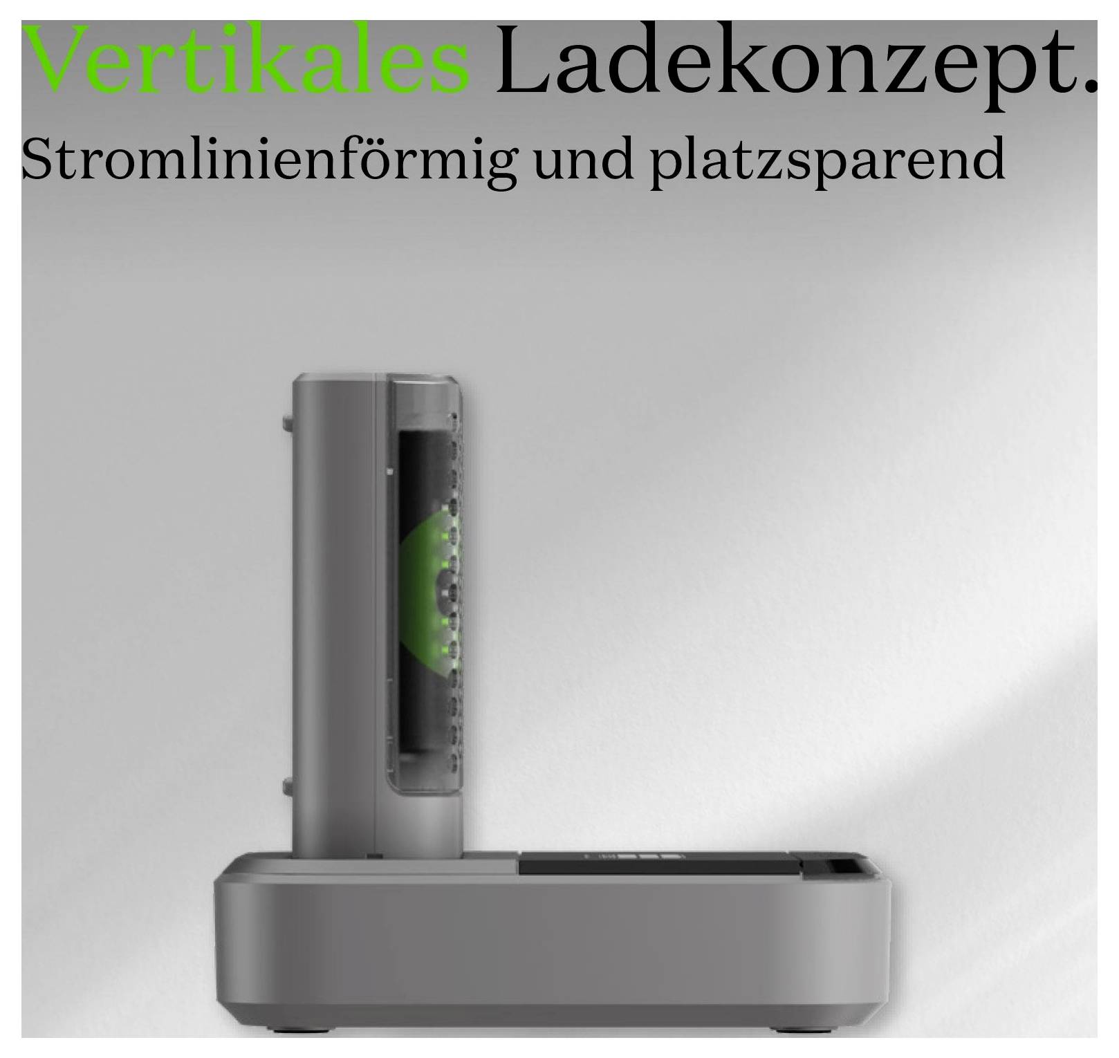 Produktbild eines vertikalen Ladekonzepts mit dem Text „Vertikales Ladekonzept. Stromlinienförmig und platzsparend