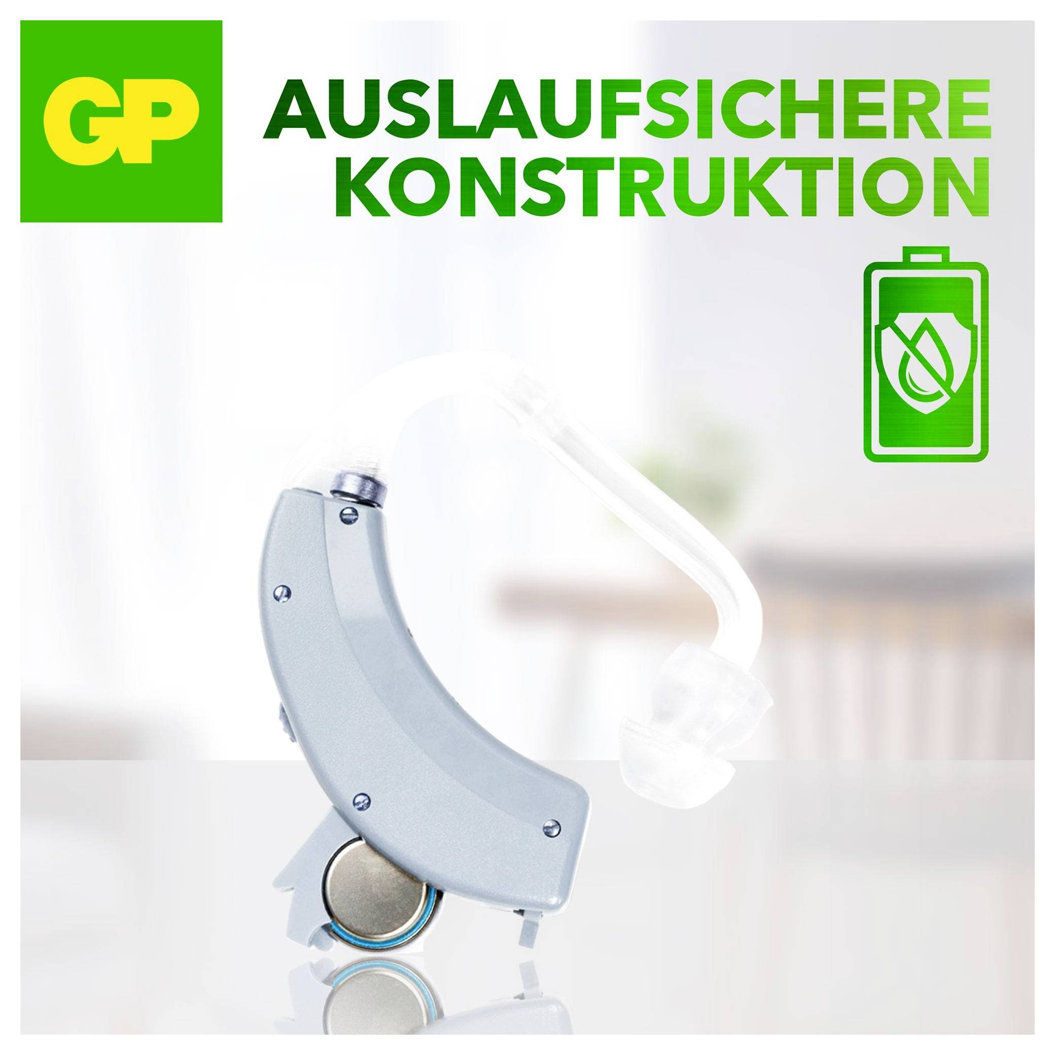 Anzeige für GP 'Auslaufsichere Konstruktion' mit einem grauen Batterieholder mit angebrachtem klarem Rohr und einem grünen Symbol für auslaufsicher.