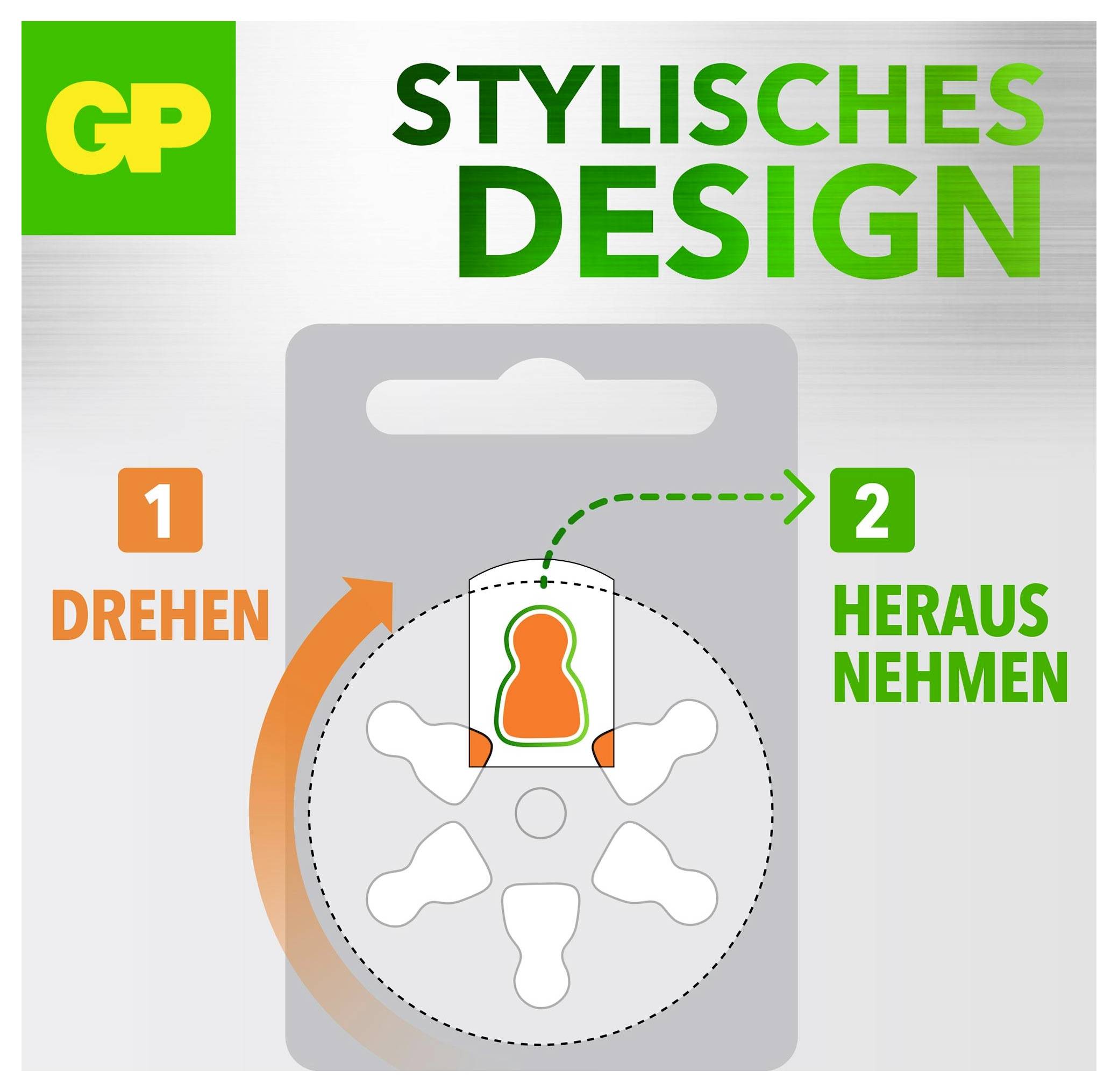 Anleitung-Grafik für 'stylisches Design' GP-Verpackung: Schritt 1 'drehen' (drehen), Schritt 2 'herausnehmen' (herausnehmen), zeigt, wie man den Artikel öffnet und entfernt.