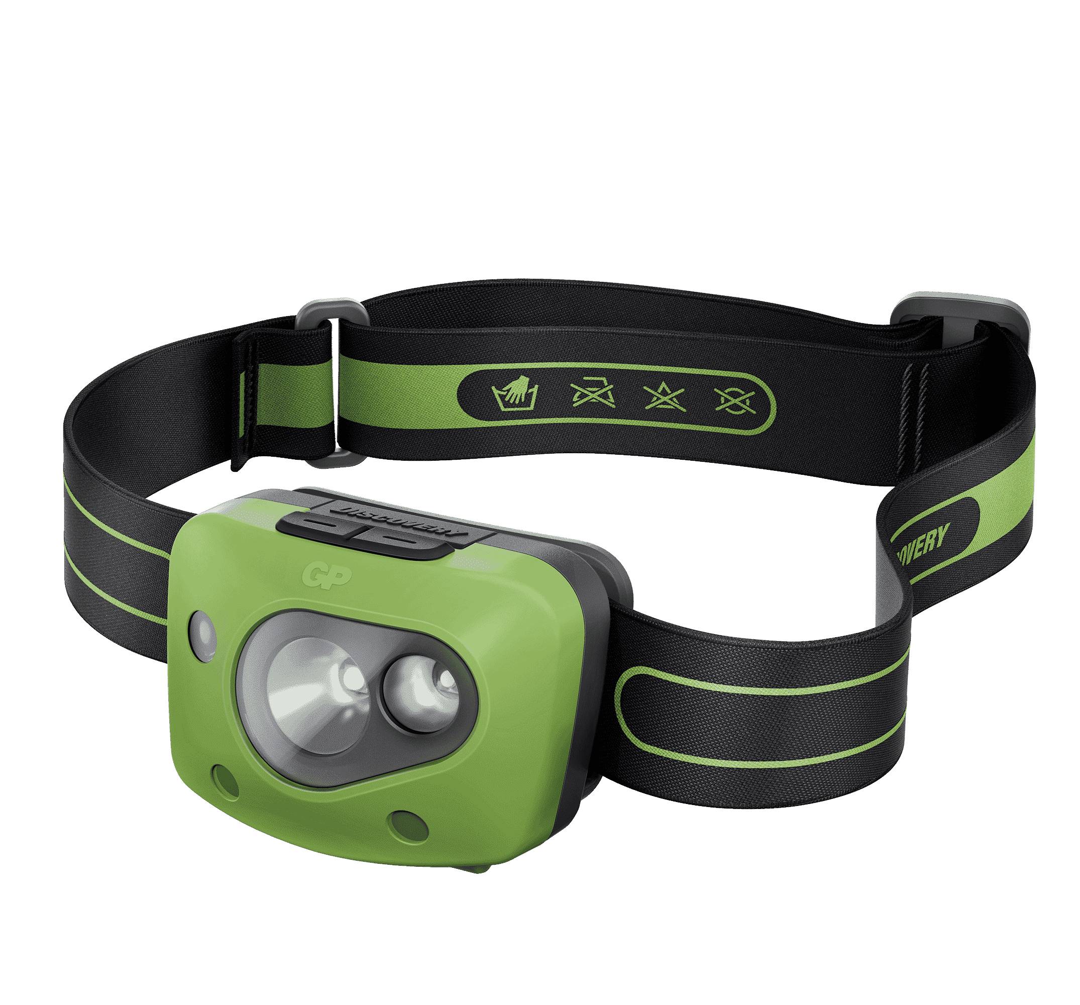 Grüne Stirnlampe mit verstellbarem schwarzem Riemen und frontalem Doppellinsenlicht, gezeigt auf einfachem weißem Hintergrund.