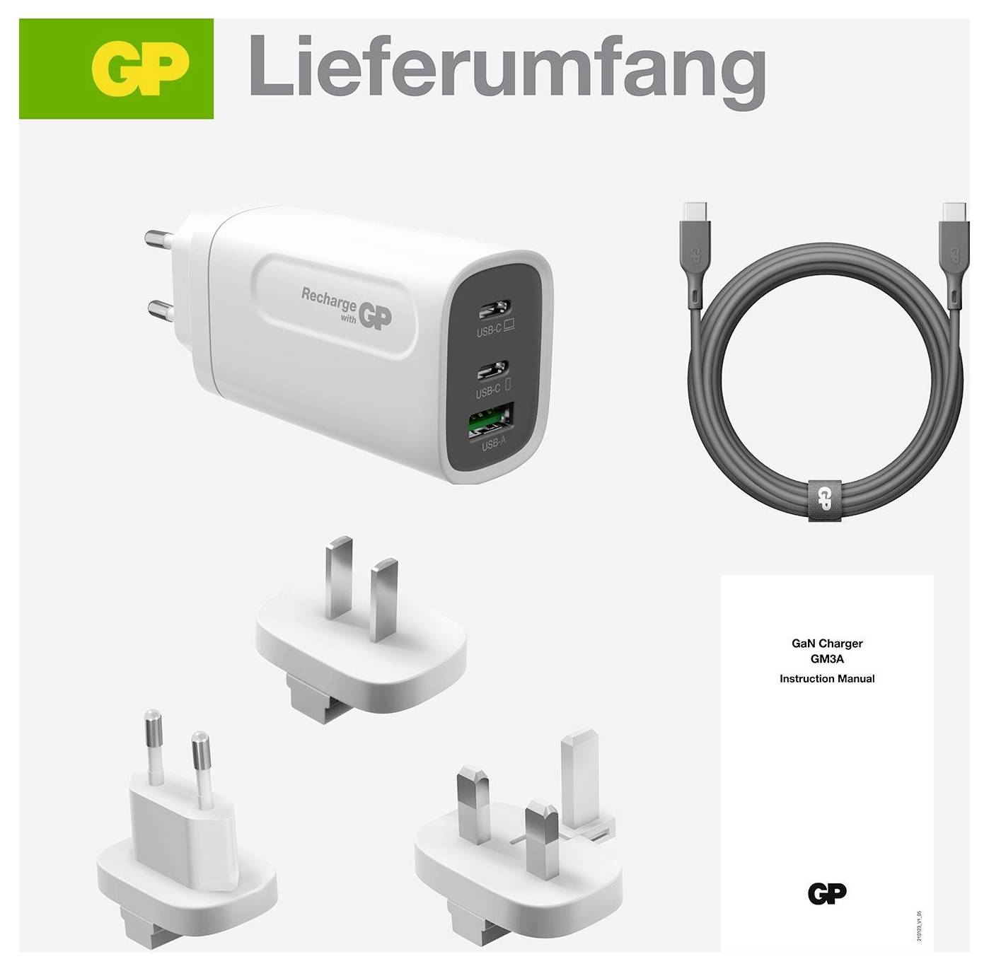 GP-Ladegerät-Paketinhalt: Wandladegerät, USB-Kabel, drei austauschbare Steckeradapter und Bedienungsanleitung.
