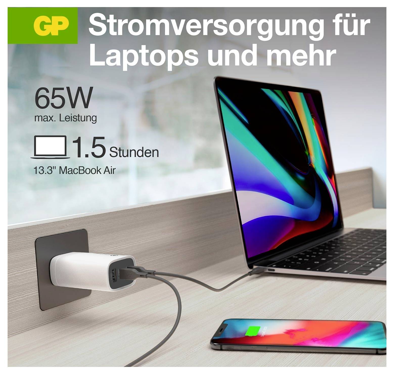 Anker-Wandladegerät lädt einen Laptop und ein Telefon auf, mit deutschem Text, der besagt „Stromversorgung für Laptops und mehr