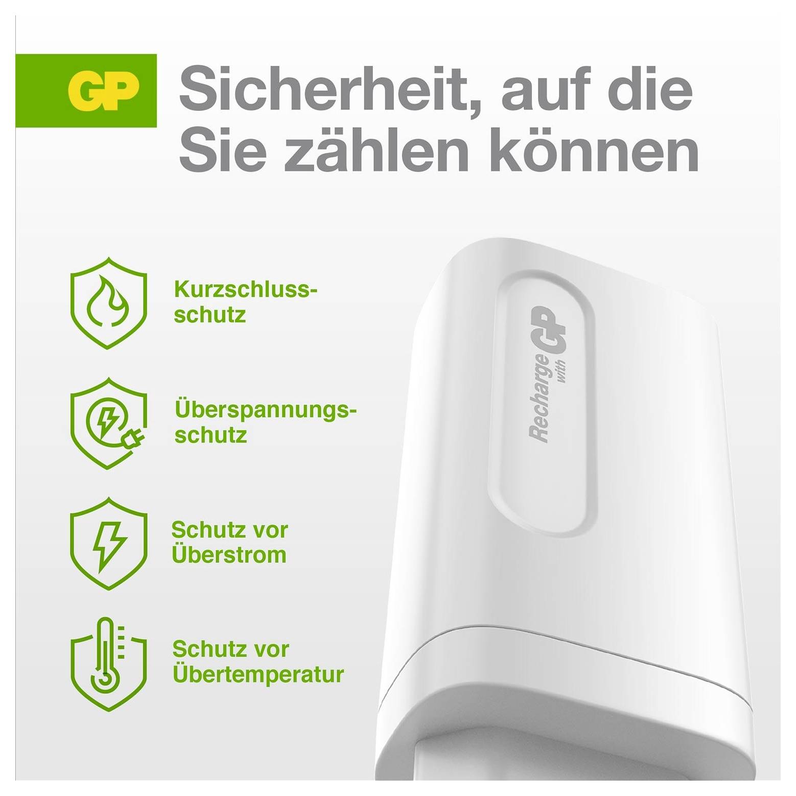 GP Recharge Mobil-Ladegerät-Anzeige mit „Sicherheit, auf die Sie zählen können